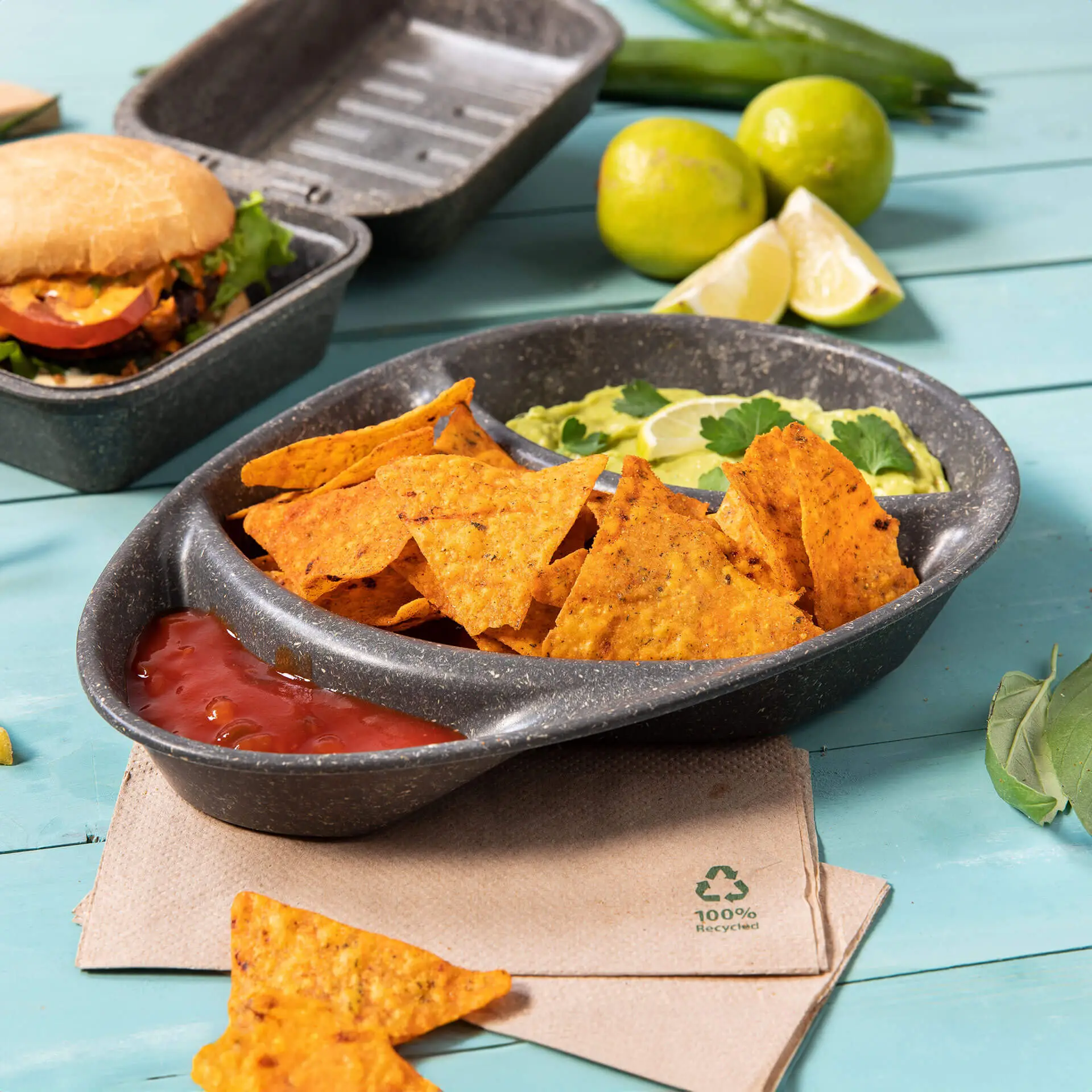 Assiette repas réutilisable « merways Plate » poivre / gris 27,5 x 20 x 3,5 cm, 3 compartiments, ovale dfc008381-mehrweg-menue-teller-merways-plate-275-x-20-x-35-cm-3-kammern-tropfenfoermig-pfeffer-grau-7