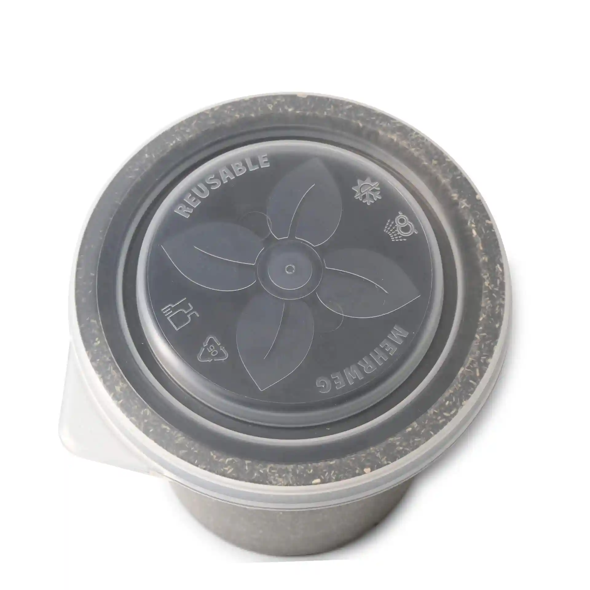 Coperchio riutilizzabile trasparente per un bicchiere, con forma rotonda e design floreale sopra.