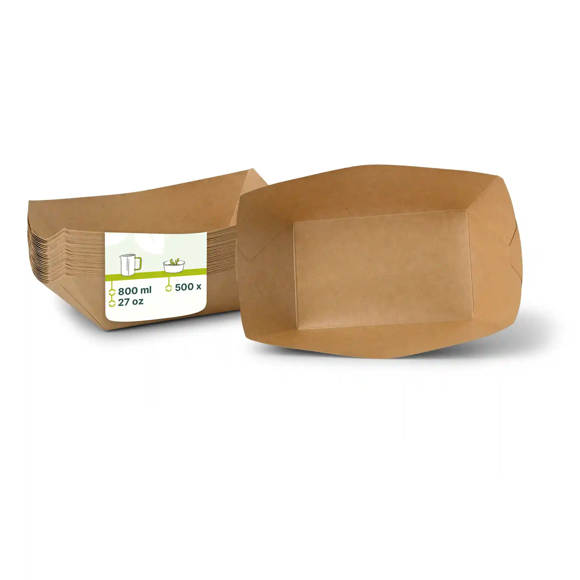 Vassoi per snack in cartone marrone, capacità di 800 ml, con base piatta e bordi leggermente rialzati.
