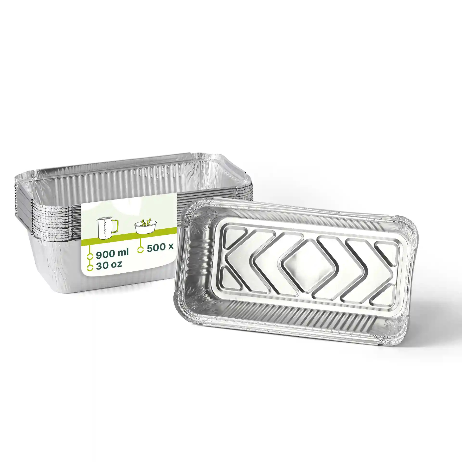 Rechteckige Aluminiumbehälter mit einem Fassungsvermögen von 900 ml, 21,8 x 11,3 x 5,4 cm, gestapelt mit einem angezeigten.