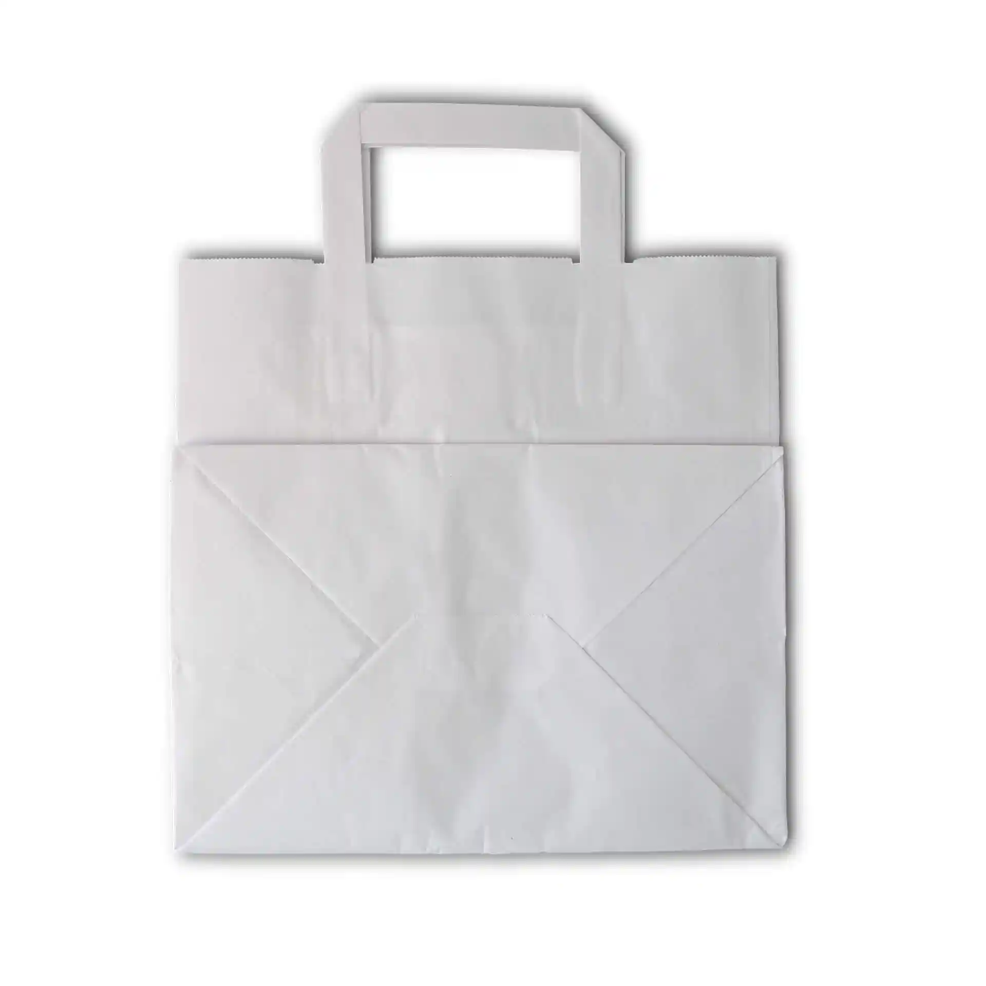 Borsa in carta kraft bianca con base ampia, dotata di manico e forma rettangolare.