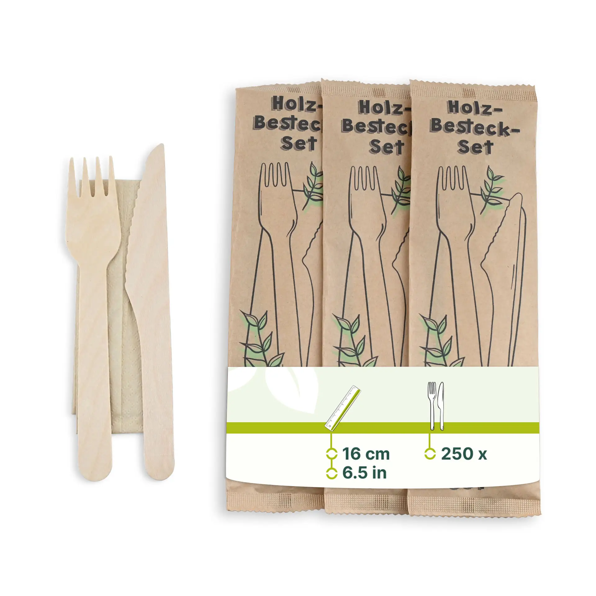 Bestecksets aus Holz Messer, Gabel & Serviette, 16 cm, biobeschichtet Bestecksets aus Holz Messer, Gabel & Serviette, 16 cm, biobeschichtet