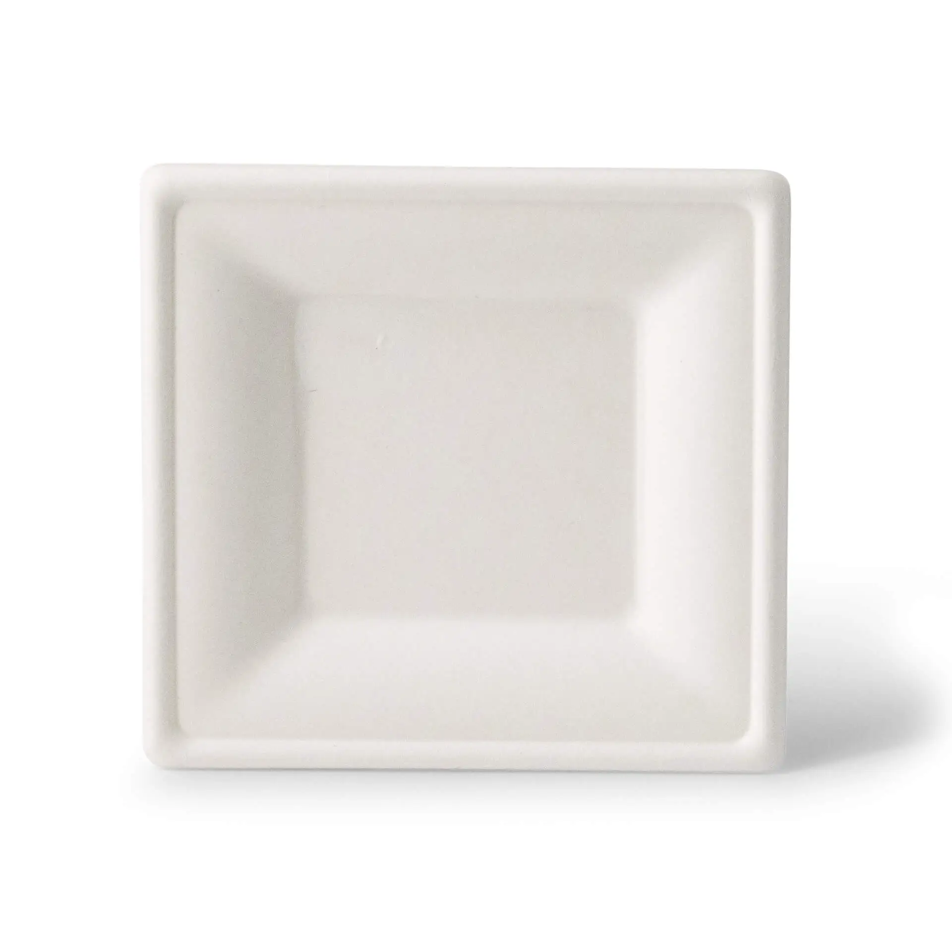 Quadratische Zuckerrohrplatte, 16 x 16 cm, biologisch abbaubar, geeignet für warme und kalte Speisen.