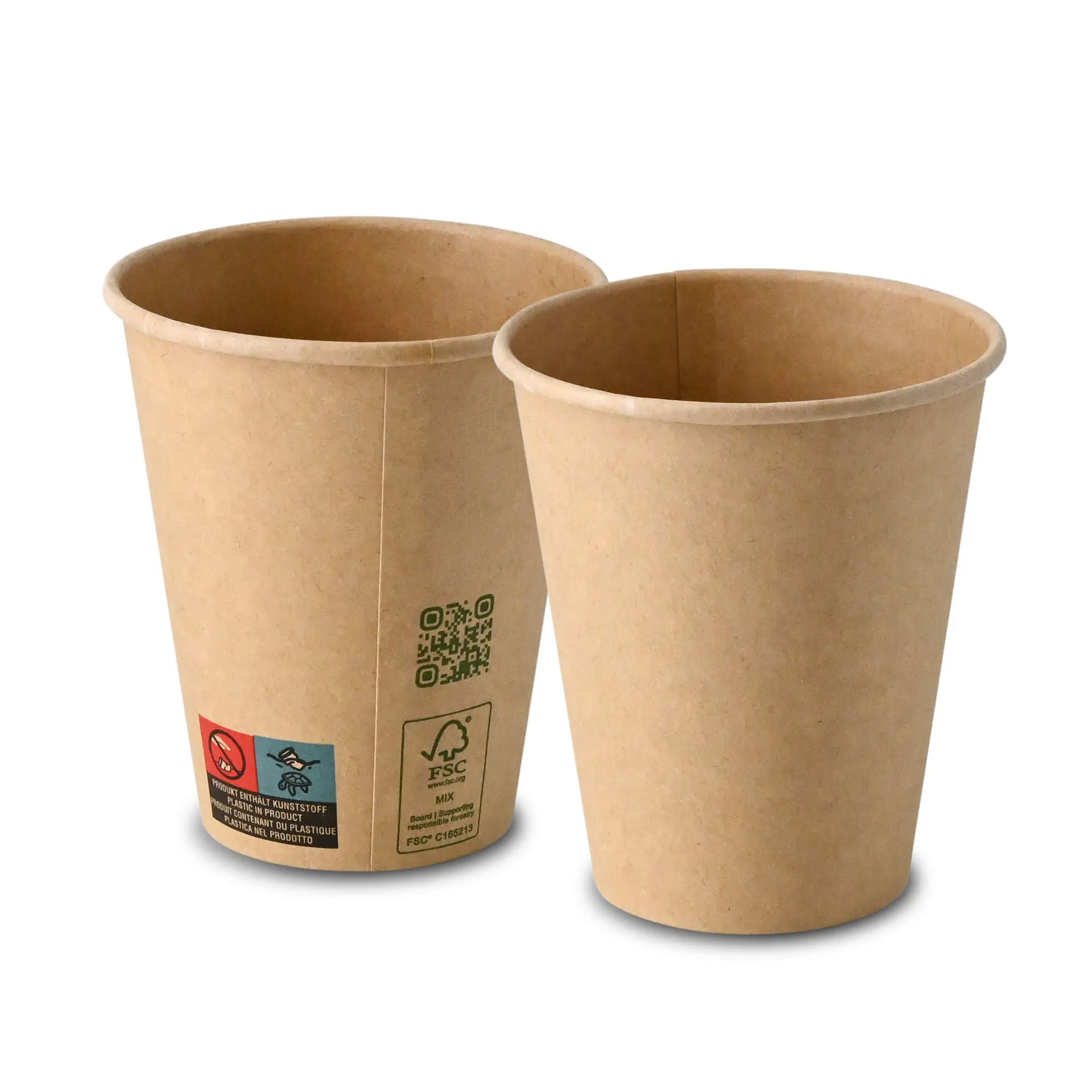Bicchieri di carta marroni con parete singola, capacità di 250 ml, altezza di 100 mm e diametro di 90 mm.