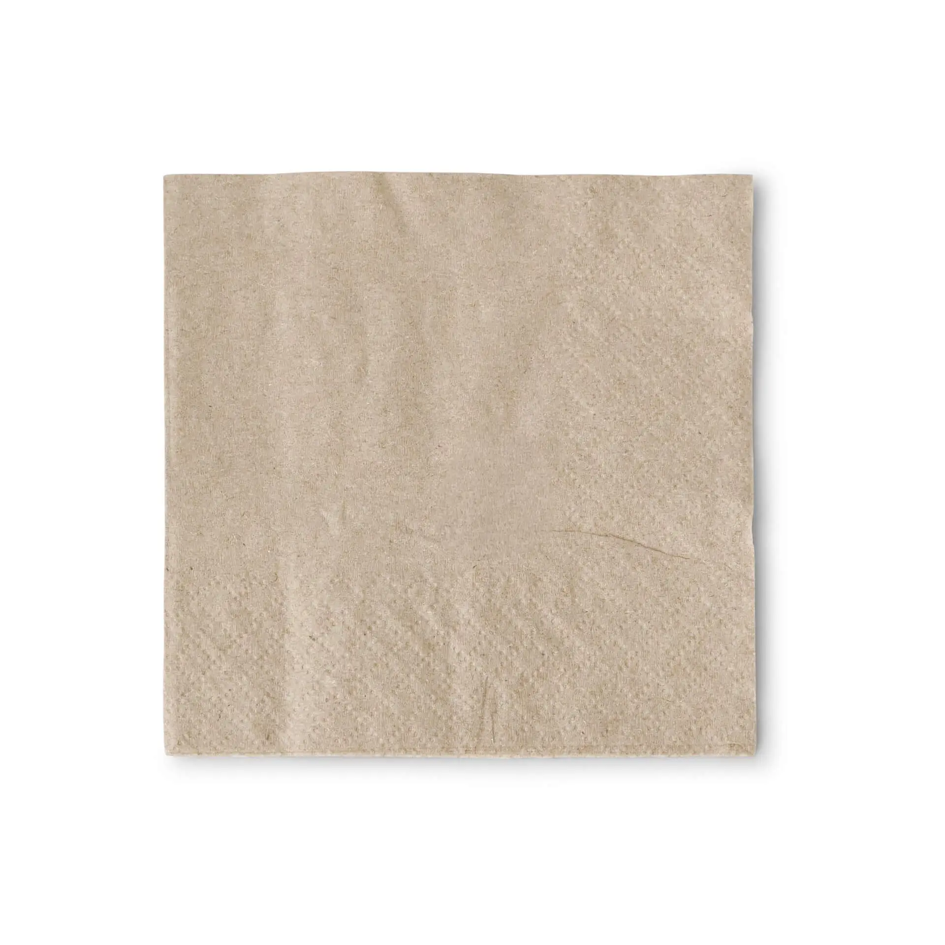 Tovagliolo da cocktail quadrato marrone in carta riciclata, 20 x 20 cm, con simbolo di riciclo stampato e testo.