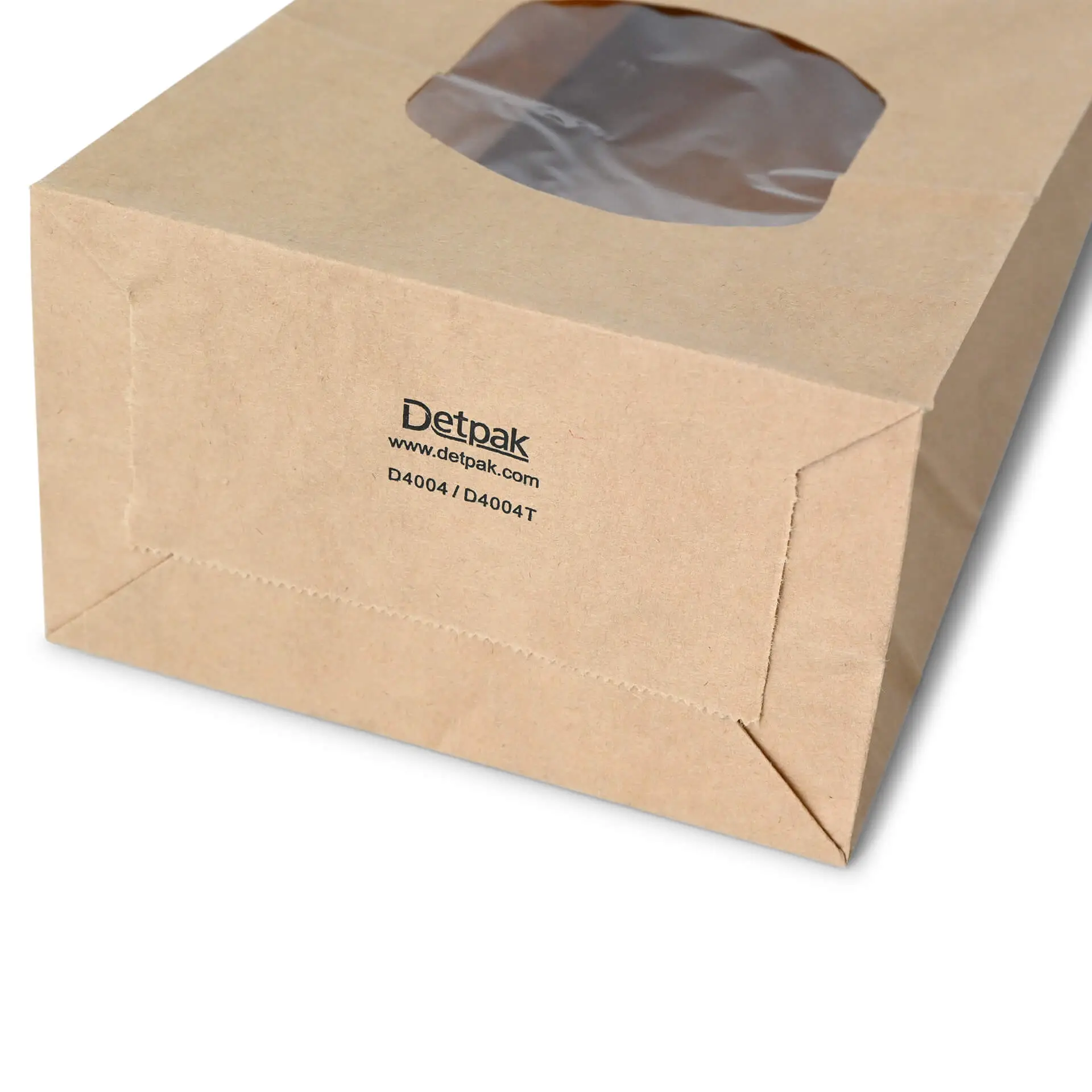Blockbeutel m. Fenster M, 11,5 x 7 x 24,5 cm, PP-Folie, braun, Clipband, Kraftpapier