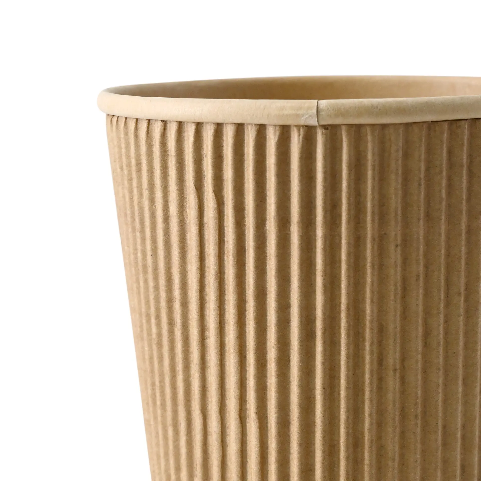 Gobelet en carton brun à nervures, triple paroi, conçu pour les boissons chaudes, avec revêtement intérieur en PLA.