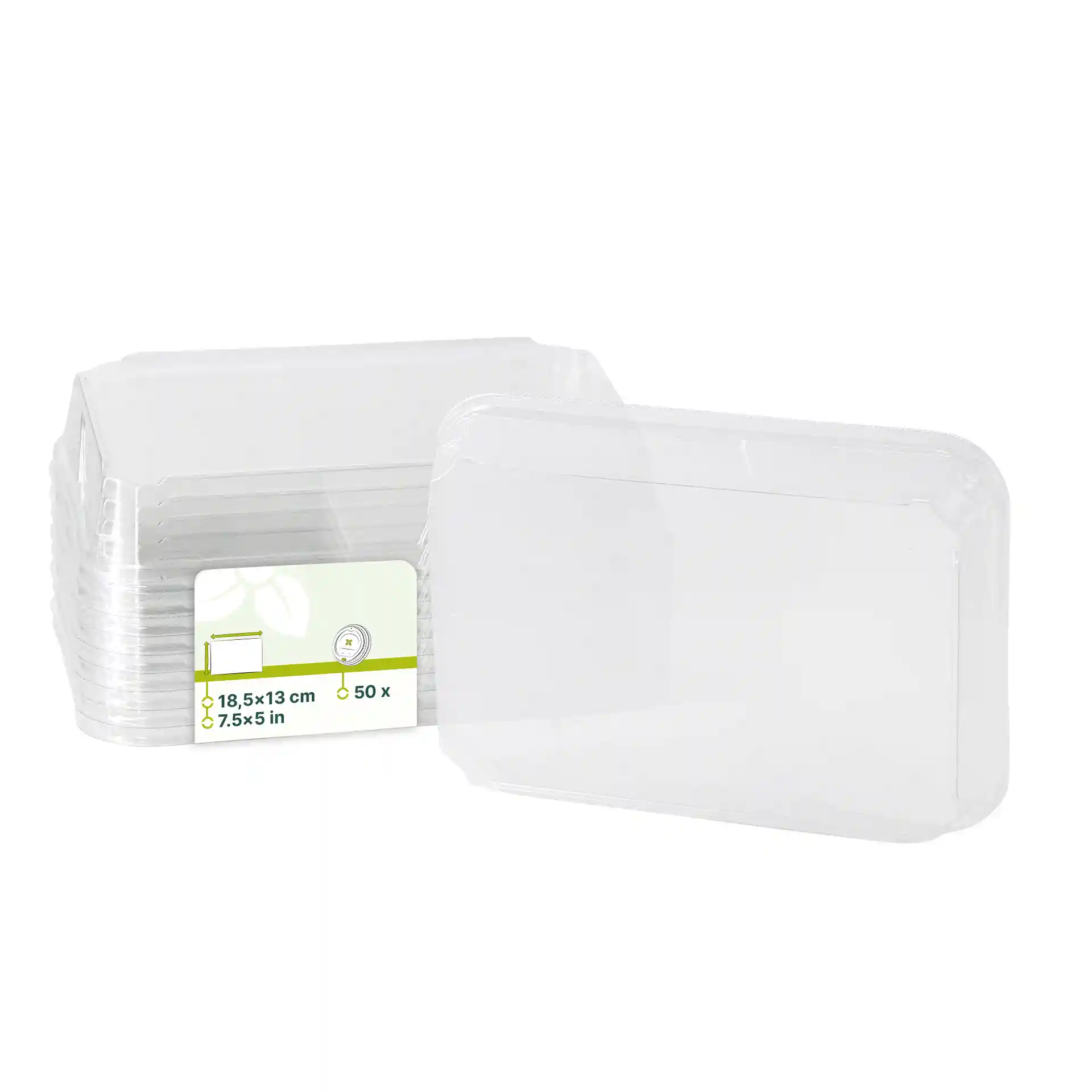 Coperchi in PET trasparenti per scatole di sushi, misurano 18,5 x 13 cm, impilati con etichetta visibile.