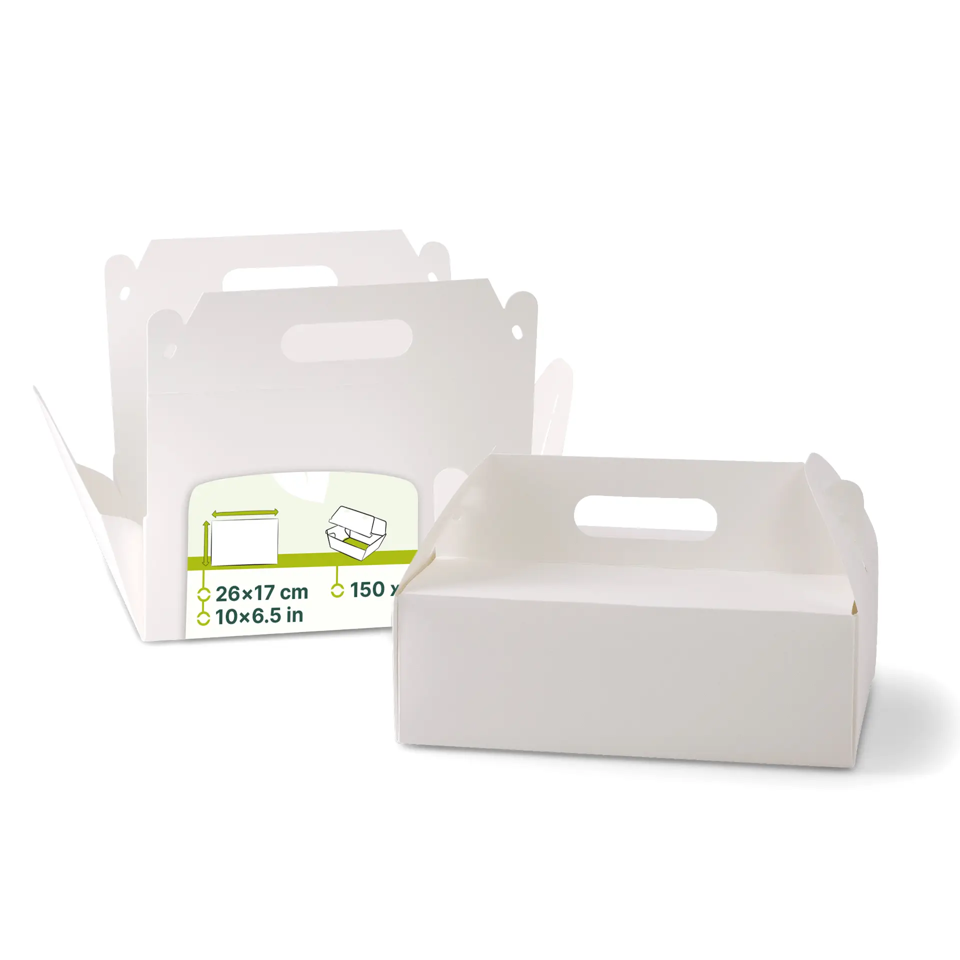 Kuchenbox aus Pappe mit Griff L, 26 x 17 x 9 cm, weiss, faltbar Kuchenbox aus Pappe mit Griff L, 26 x 17 x 9 cm, weiss, faltbar
