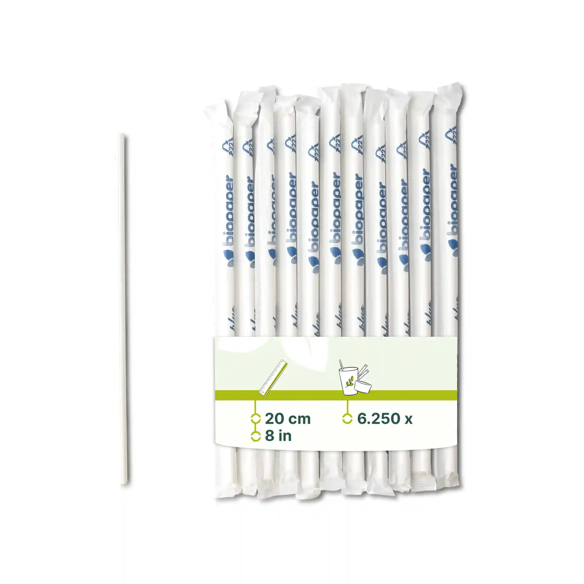 Papier-Trinkhalme 20 cm, Ø 0,5 cm, weiss, vertikal gerollt, einzeln verpackt