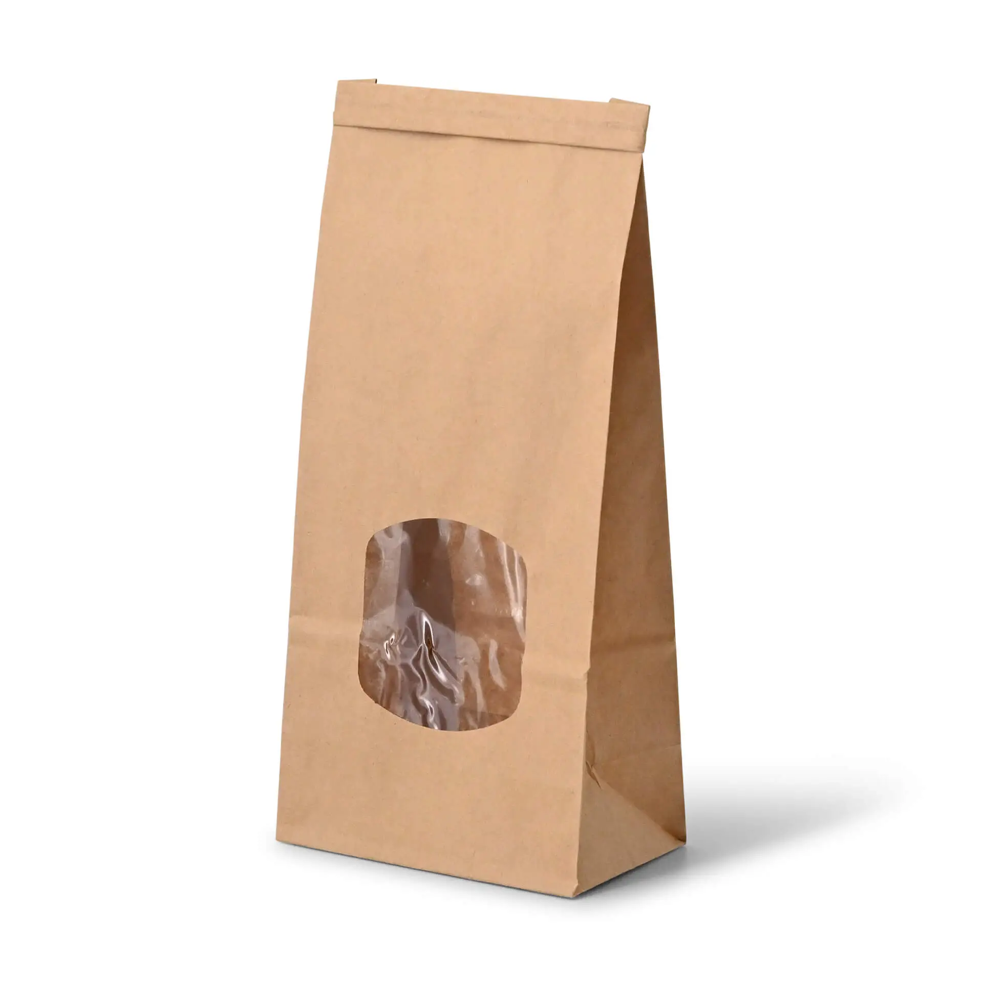 Blockbeutel m. Fenster M, 11,5 x 7 x 24,5 cm, PP-Folie, braun, Clipband, Kraftpapier