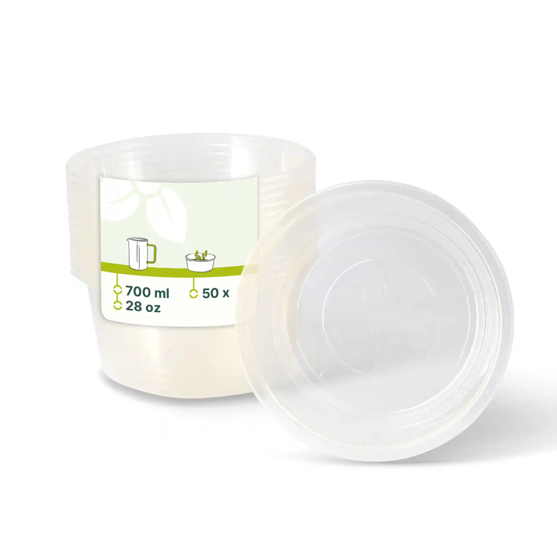 Contenitore rotondo trasparente da 700 ml, mostrato con un'etichetta che indica 50 unità.