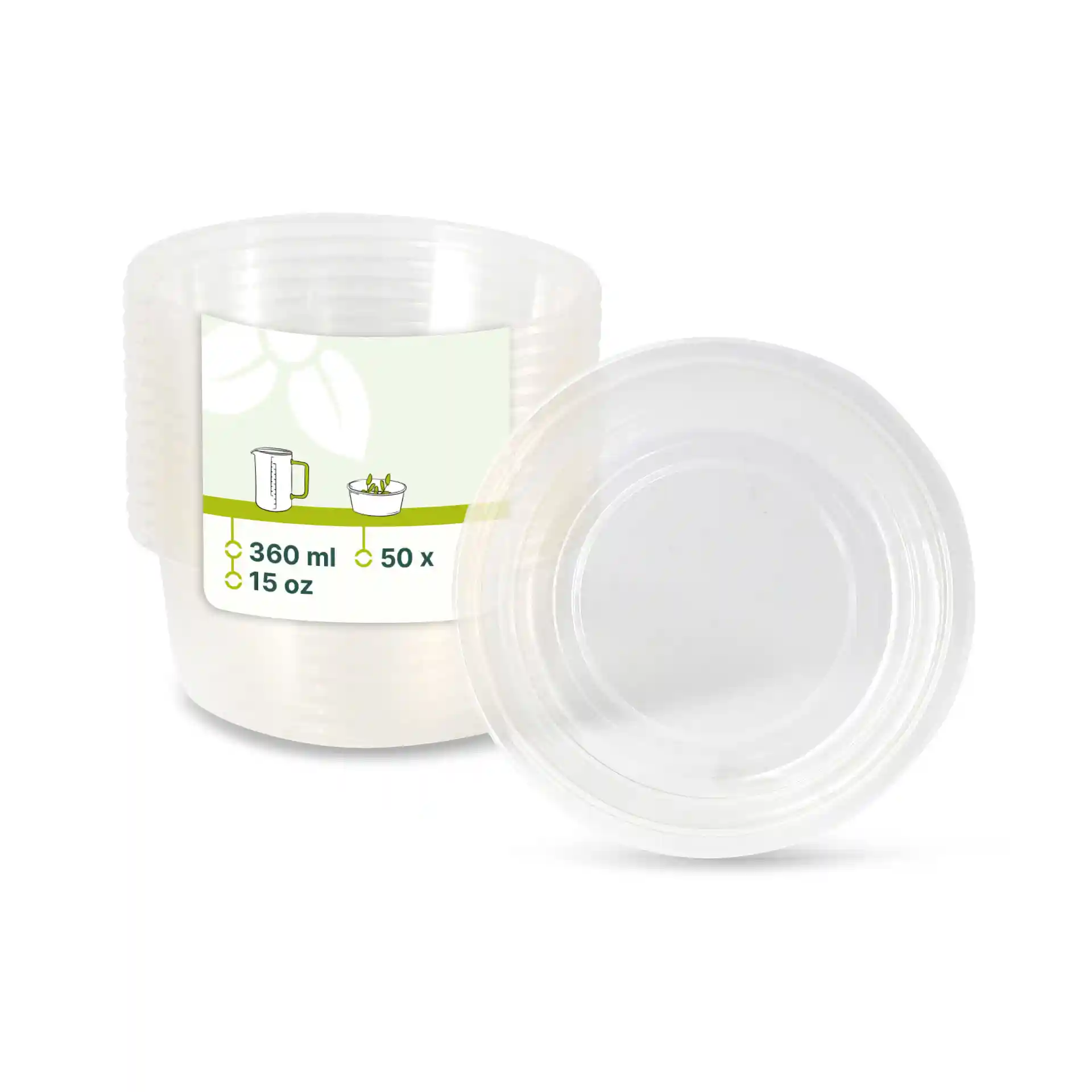Contenitore rotondo trasparente con una capacità di 360 ml e un diametro di 121 mm, mostrato con un altro contenitore accanto.