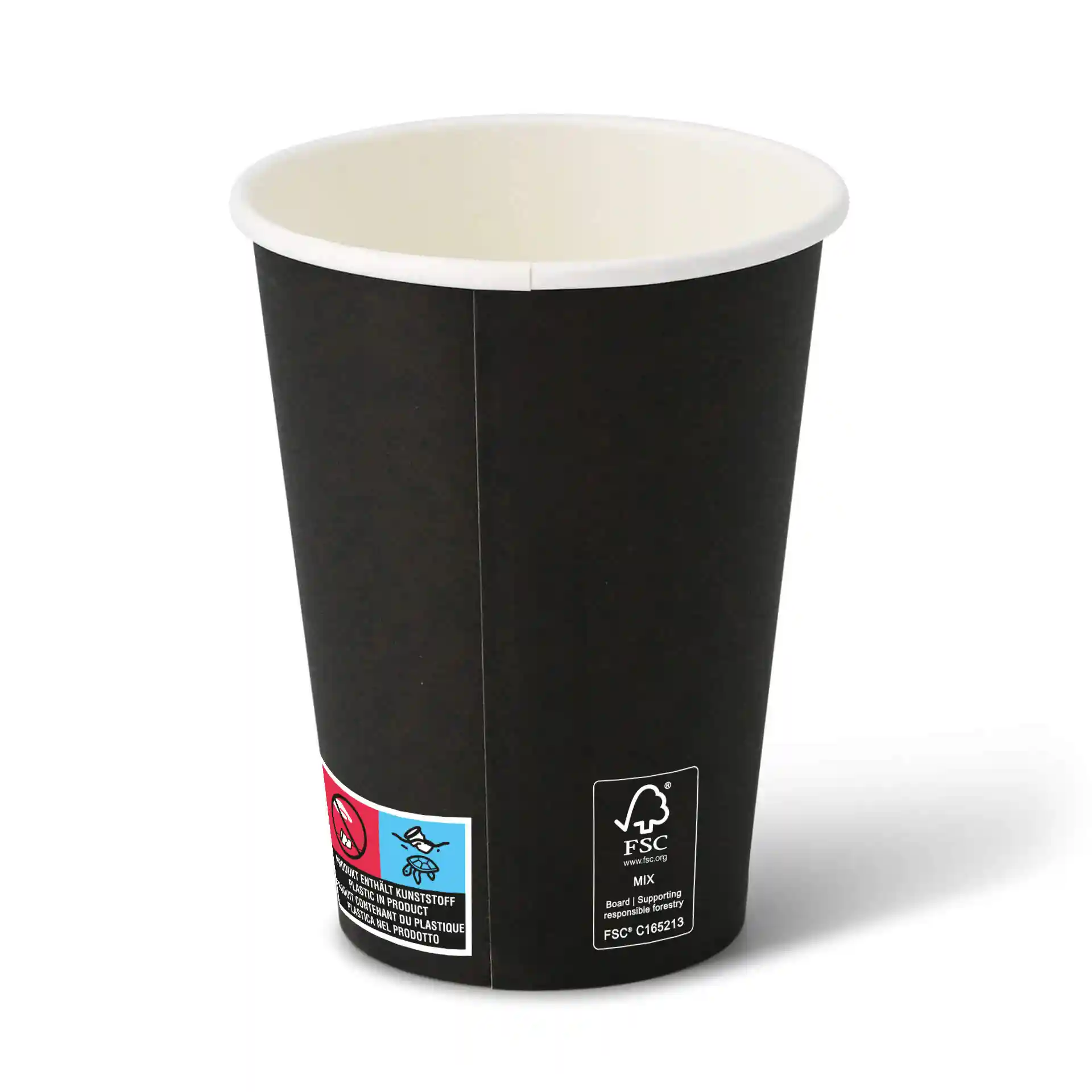Bicchiere di carta nero da 12 oz con forma rotonda e interno bianco, con varie etichette sul lato.