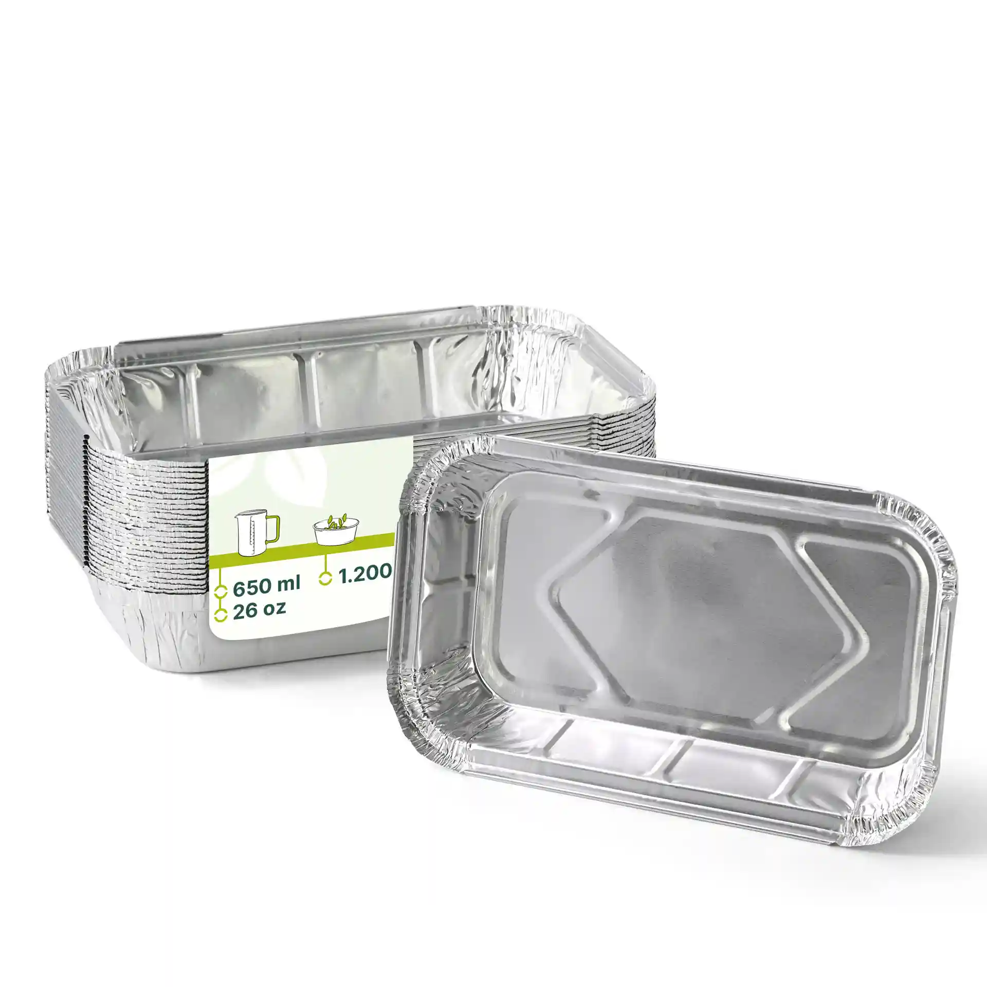 Rechteckiger Aluminiumbehälter mit den Maßen 22,4 x 13,2 x 3,4 cm und einem Füllvolumen von 650 ml.