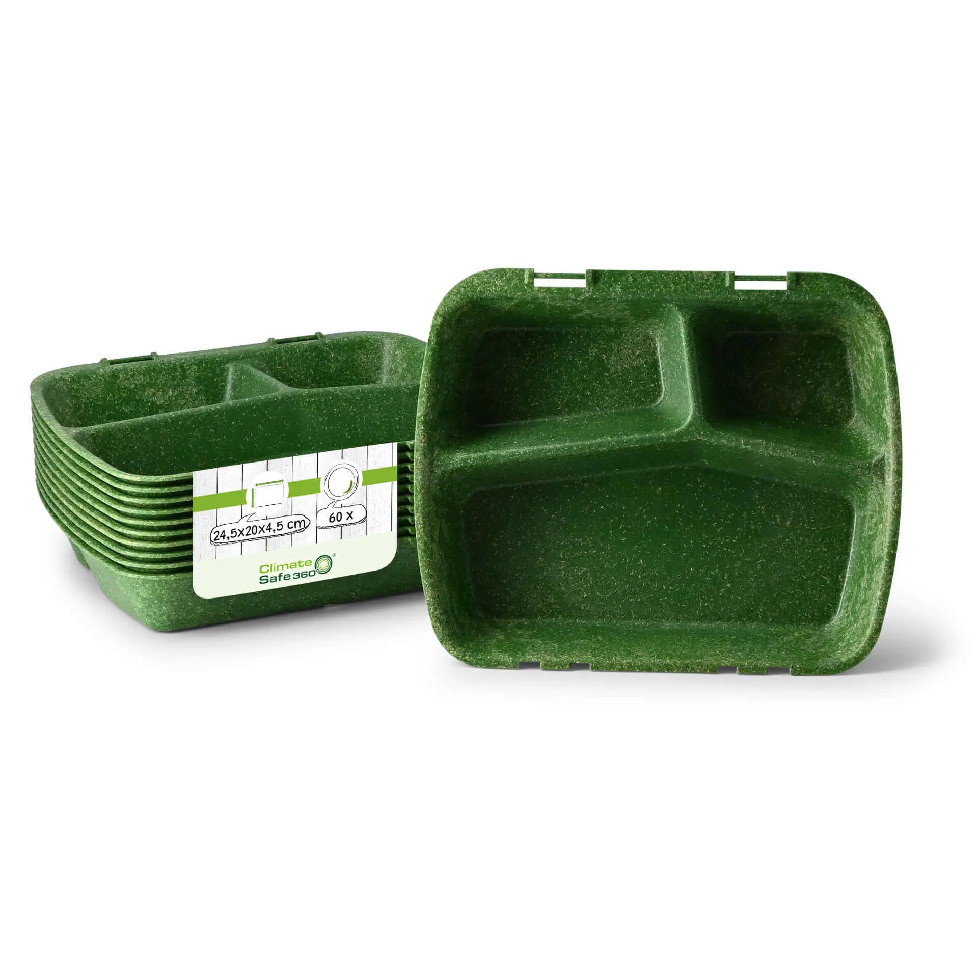 | 2 FÜR 1 | Mehrweg-Menü-Behälter "merways Box" 24,5 x 20 x 4,5 cm, 3 Kammern, HP4/3, Spinat / dunkelgrün