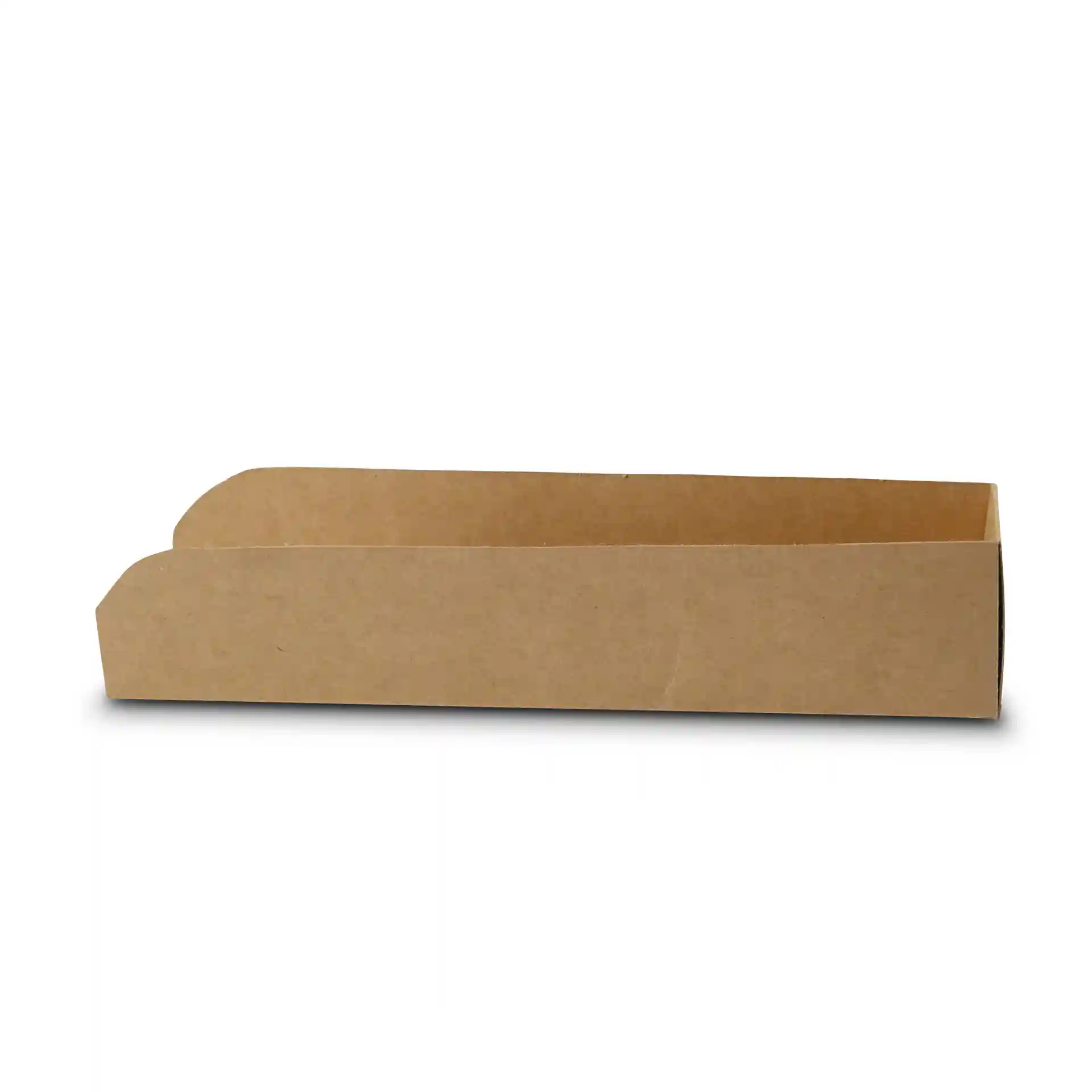Vassoio per hot dog in cartone marrone rettangolare, pieghevole, misura 18 x 5 cm e altezza di 3,5 cm.