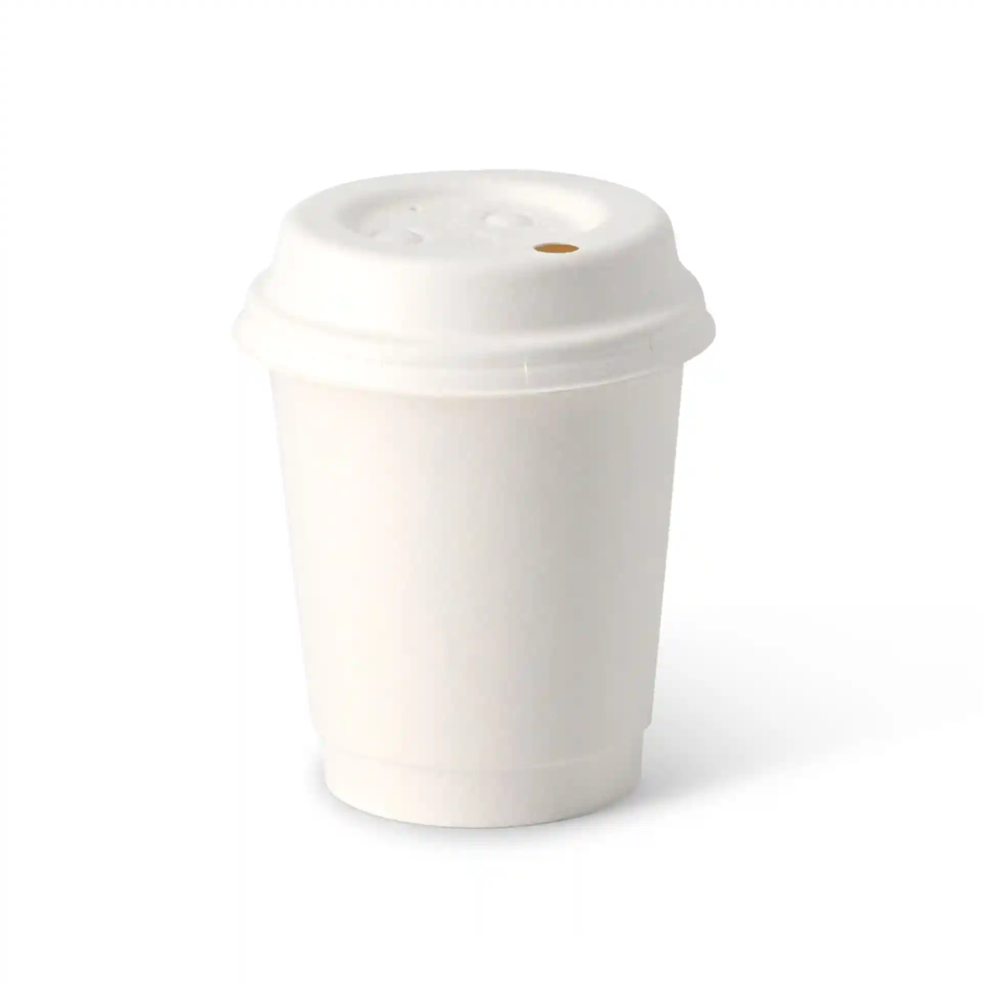 Bicchiere in cartone bianco a doppia parete con coperchio, capacità di 8 oz, forma rotonda e piccolo foro in cima.