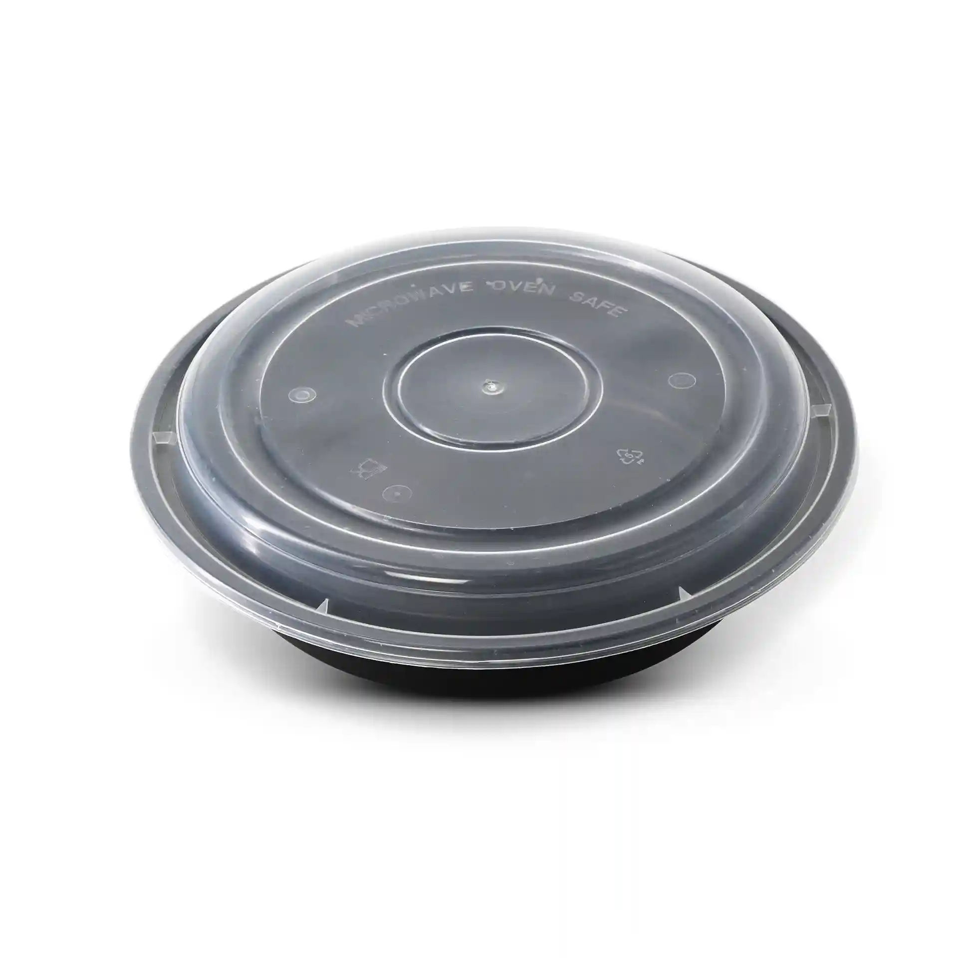 Coperchio rotondo riutilizzabile trasparente in polipropilene, con un diametro di 215 mm e un'altezza di 17 mm.