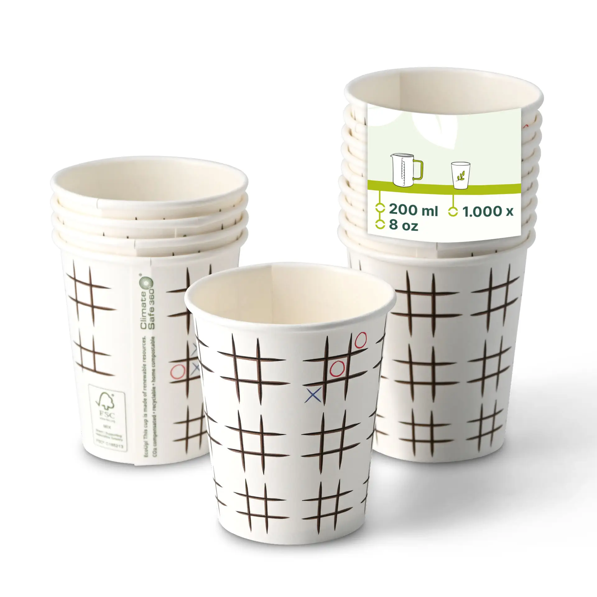 Gobelet en carton imprimé "Tic Tac Toe" 20 cl / 8 oz, Ø 80 mm, blanc