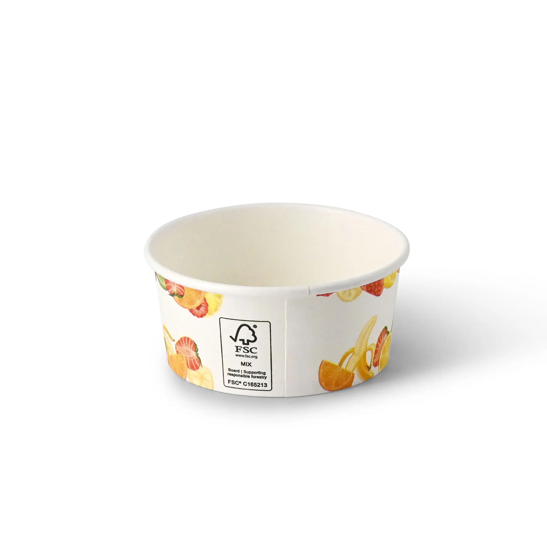 Cup di carta XS stampato con design di frutta; rivestito in PE per cibi caldi e freddi; presenta un'etichetta FSC.