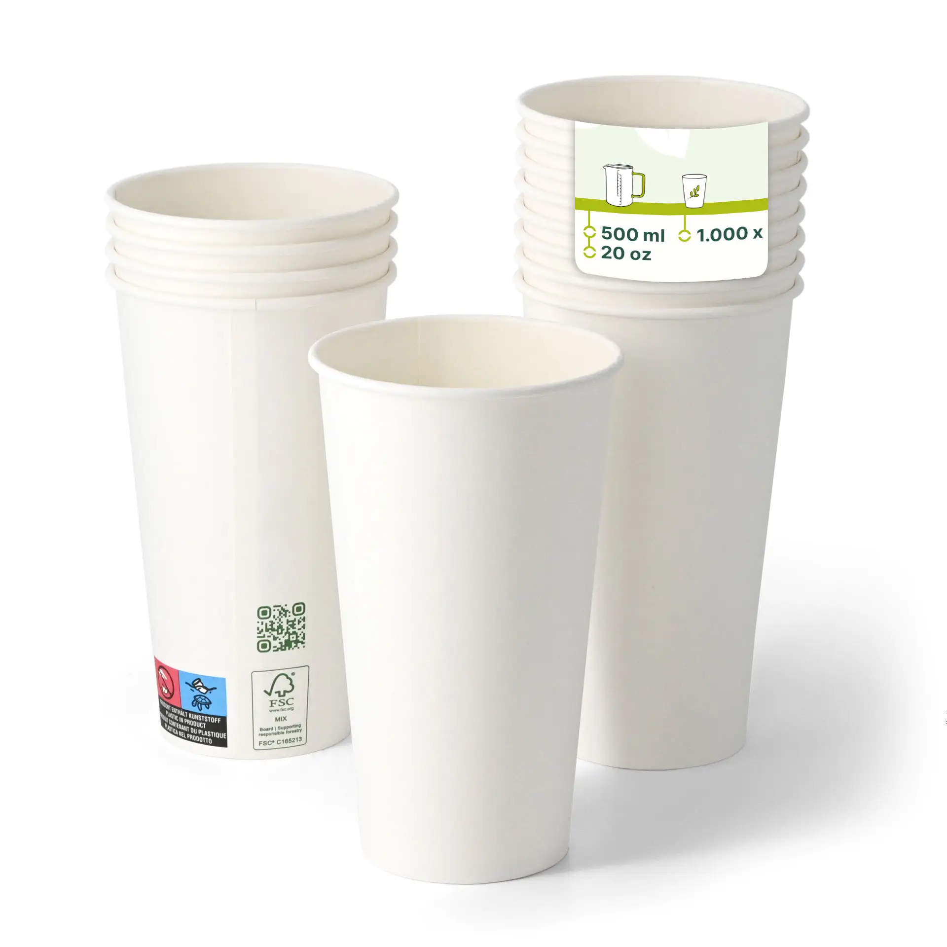 Einwandiger weißer Papierbecher mit PLA-Beschichtung, geeignet für heiße und kalte Getränke, mit Stapel mehrerer Becher abgebildet.