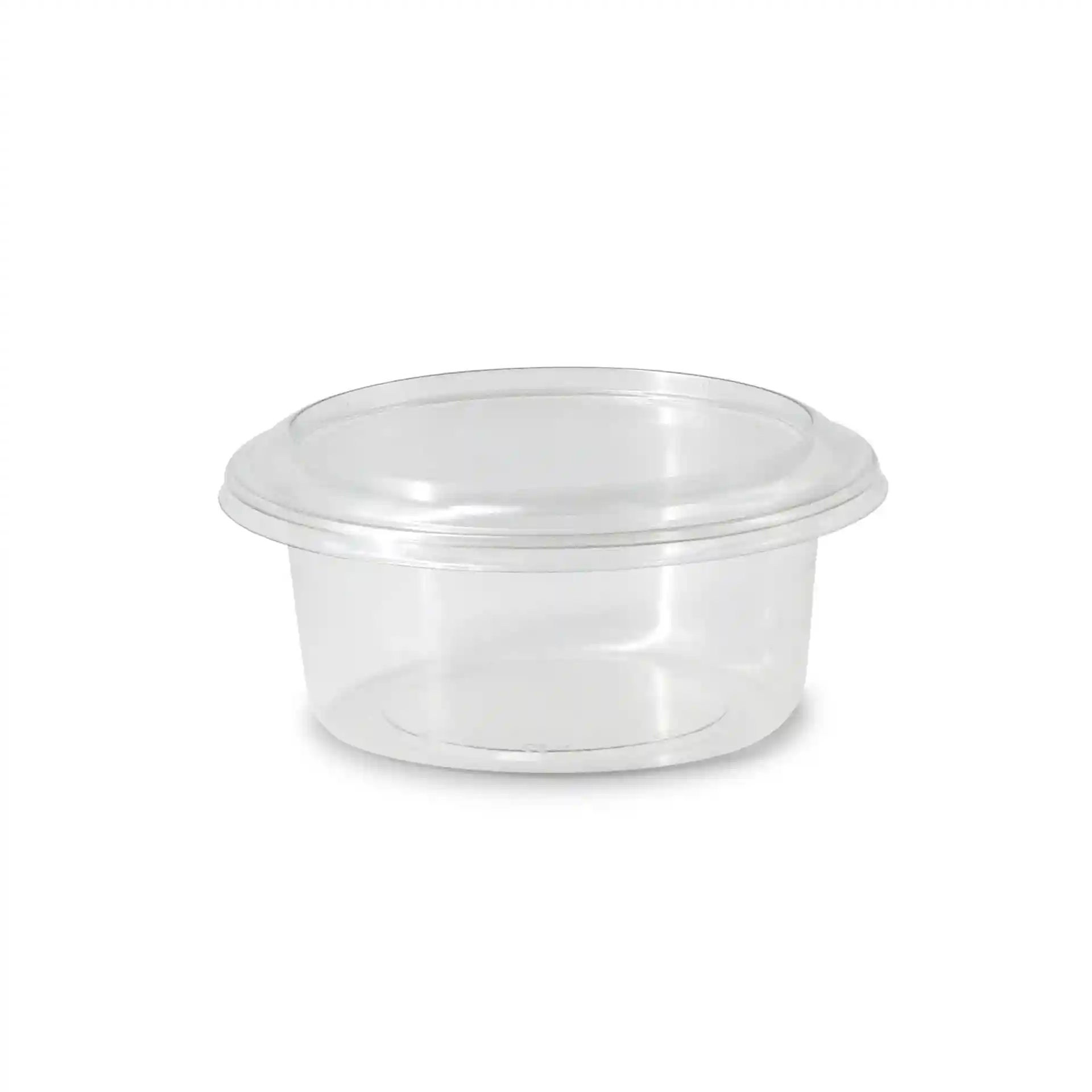 Vasetto deli rotondo trasparente con un diametro di 123 mm e un'altezza di 60 mm, realizzato in materiale rPET.