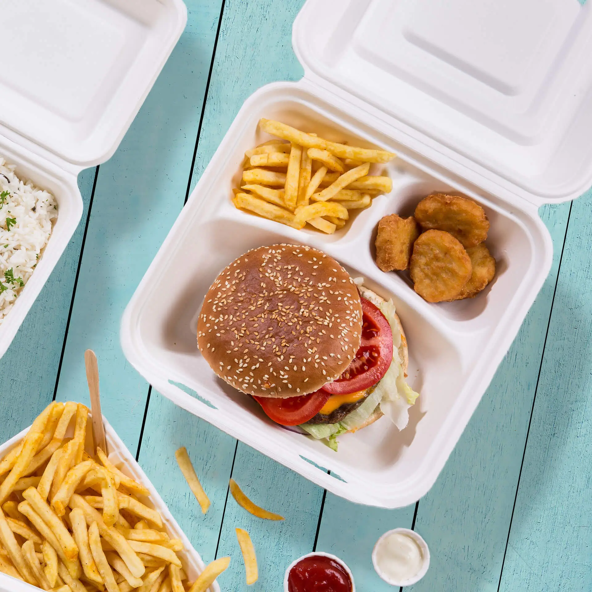 Boîtes à menu en canne à sucre 25 x 20 x 7,5 cm, 3 compartiments, rectangulaires dfc01337-menueboxen-aus-zuckerrohr-25-x-20-x-75-cm-3-kammern-hp43-rechteckig-7