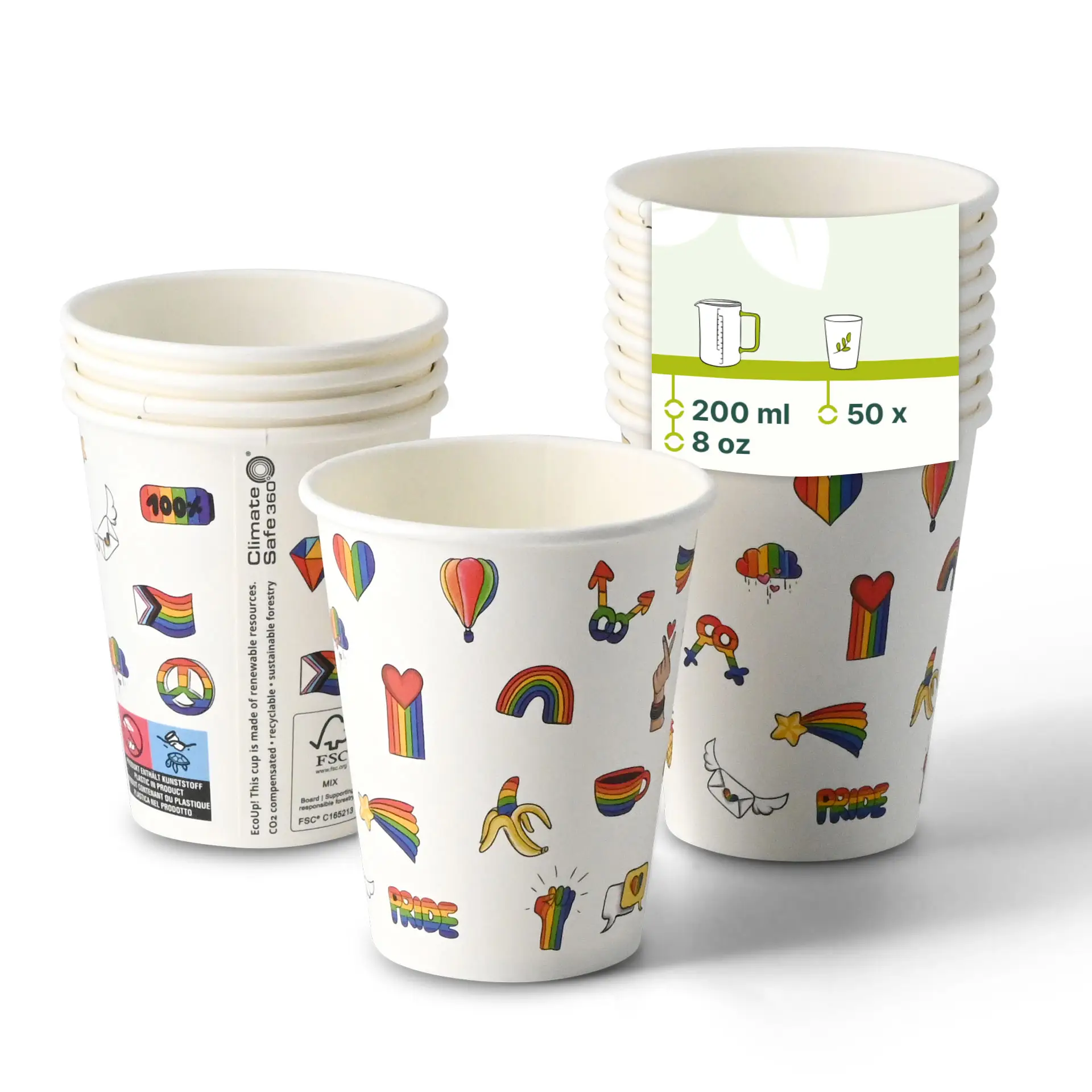 Pappbecher bedruckt "Pride" (beschichtet) 200 ml / 8 oz, Ø 80 mm, weiss