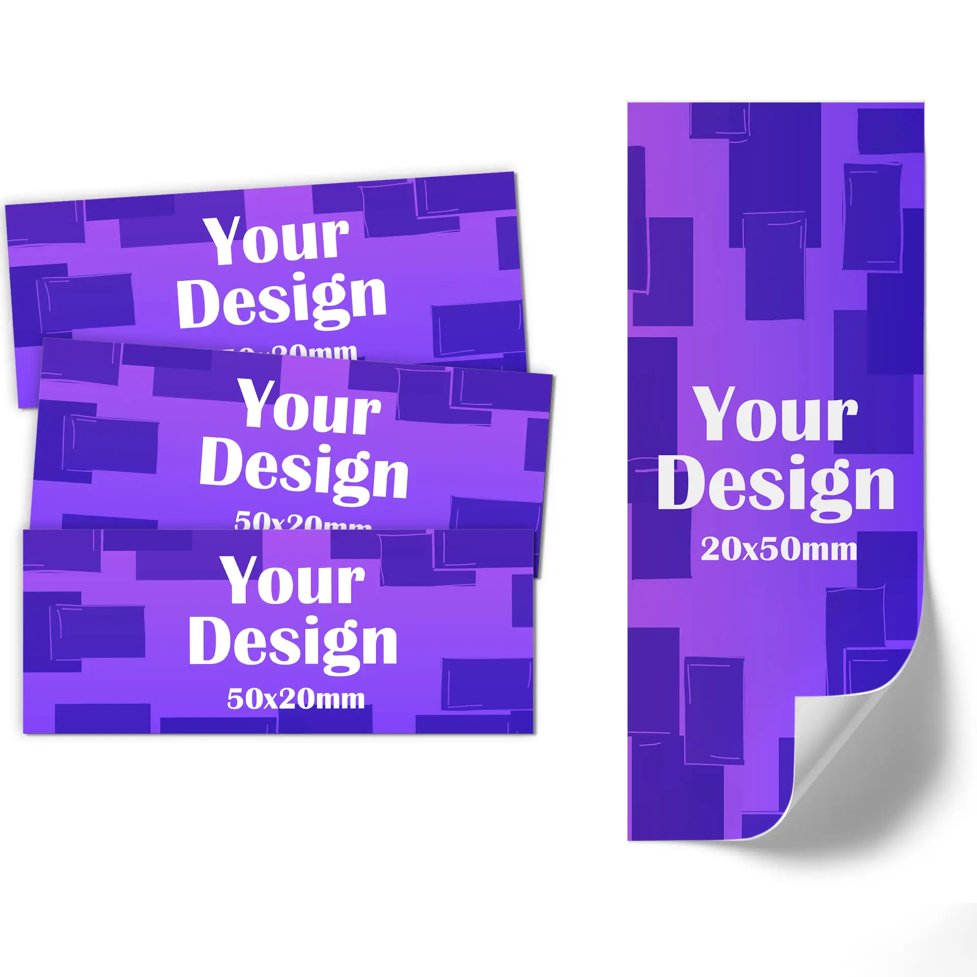 Une étiquette violette avec une icône circulaire et des dimensions de 50x20 mm ; coin légèrement replié.