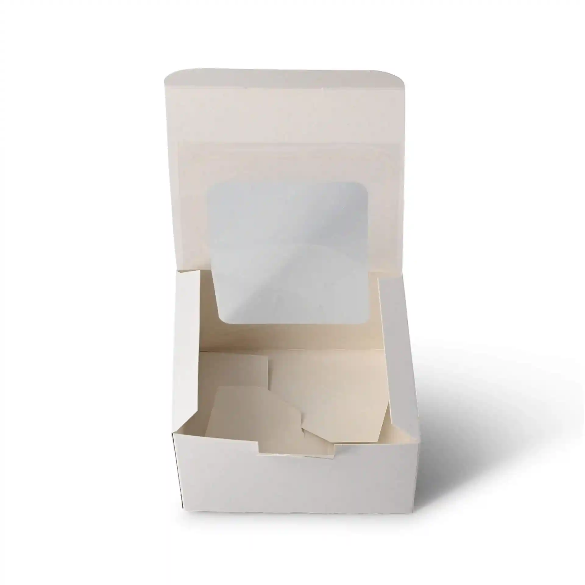 Boîte à pâtisserie blanche avec fenêtre en cellulose, mesurant 13 x 11 x 8 cm, montrée ouverte sans contenu.