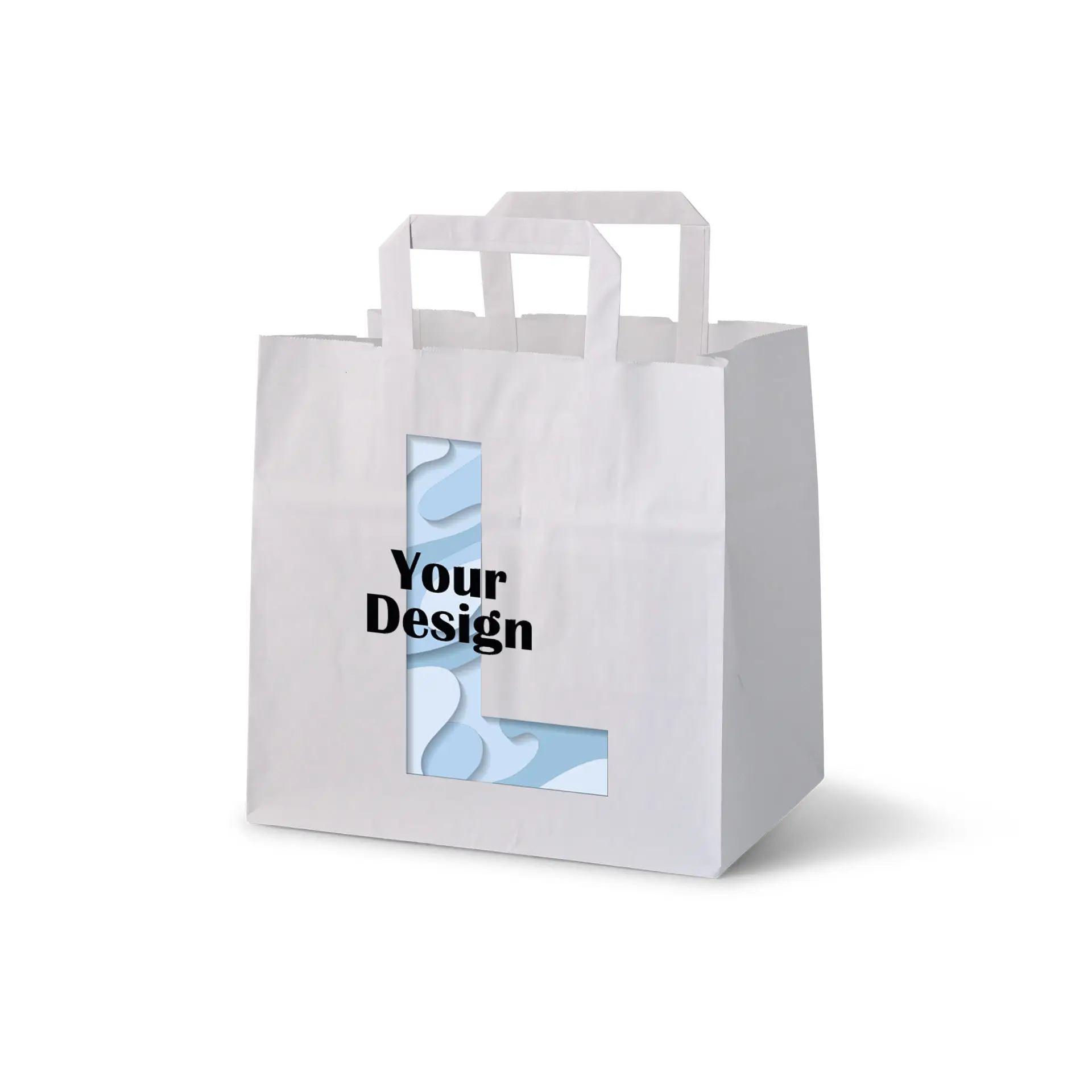 Papiertragetaschen bedrucken, L - 26 x 17 x 25 cm, weiss, breiter Boden