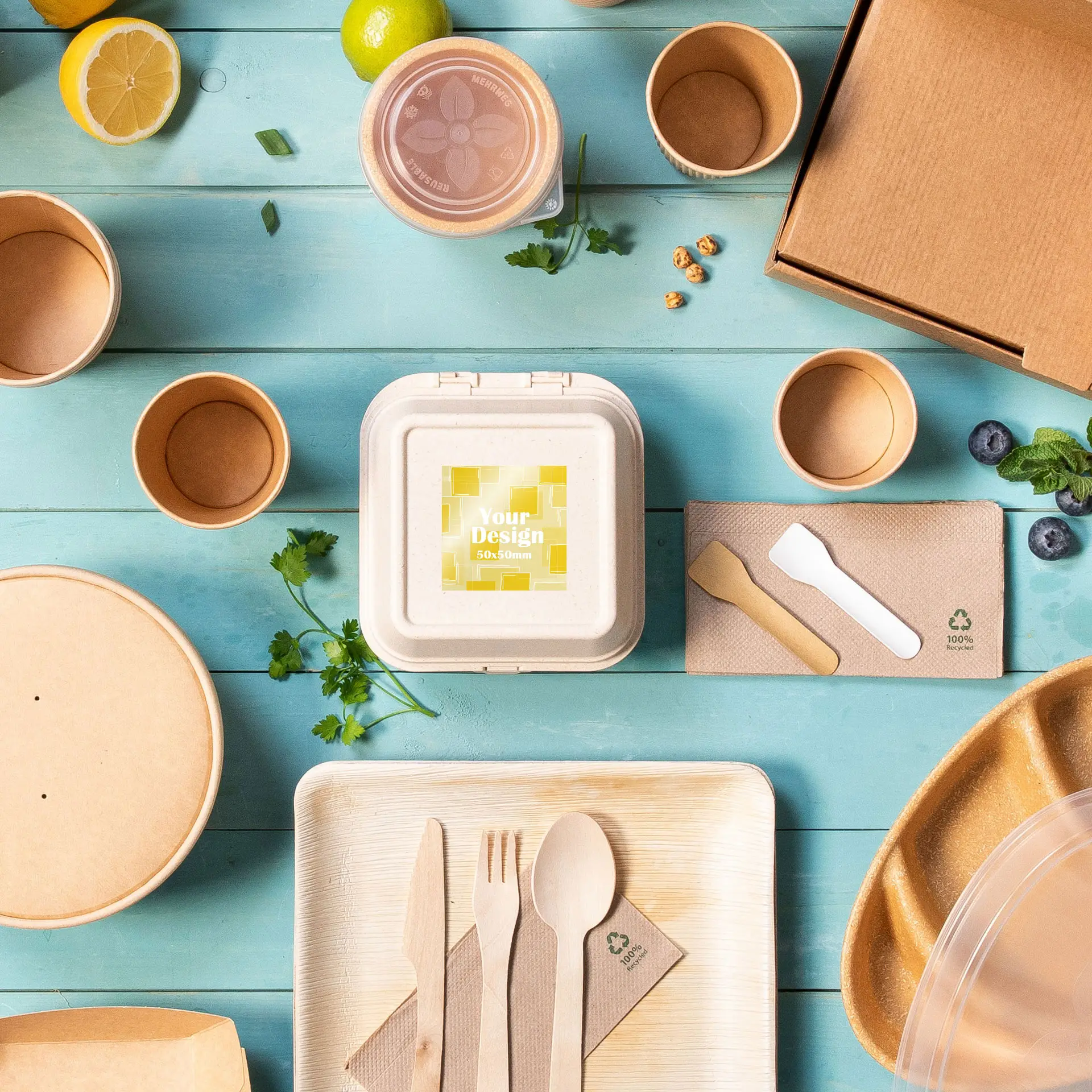 Eine quadratische, weiße, glänzende Etikettenrolle auf einem beige Take-out-Behälter, umgeben von Einwegverpackungen und Besteck auf blauem Hintergrund.