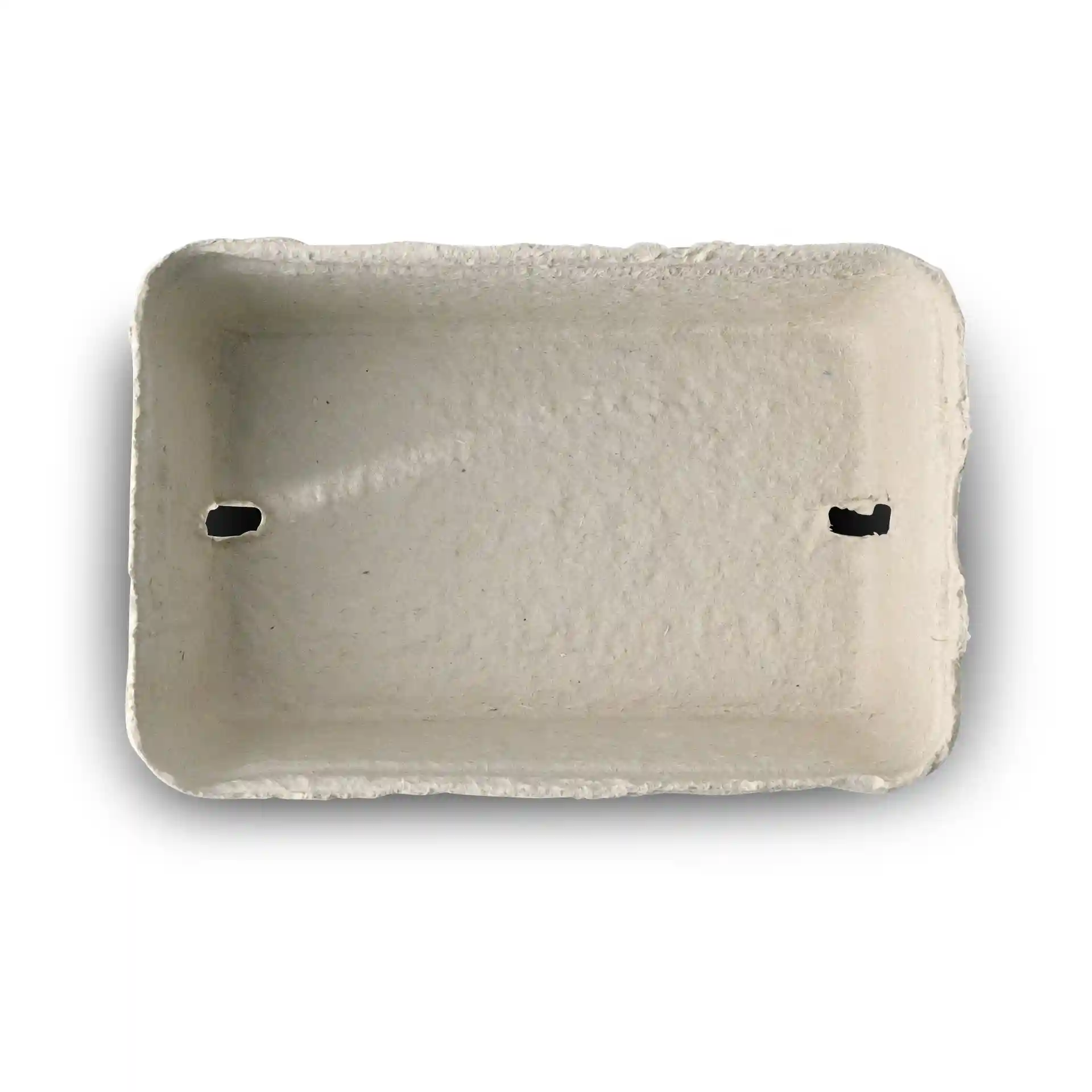 Barquette en pulpe de bois blanche, forme rectangulaire avec deux trous, dimensions 135mm x 90mm x 50mm.