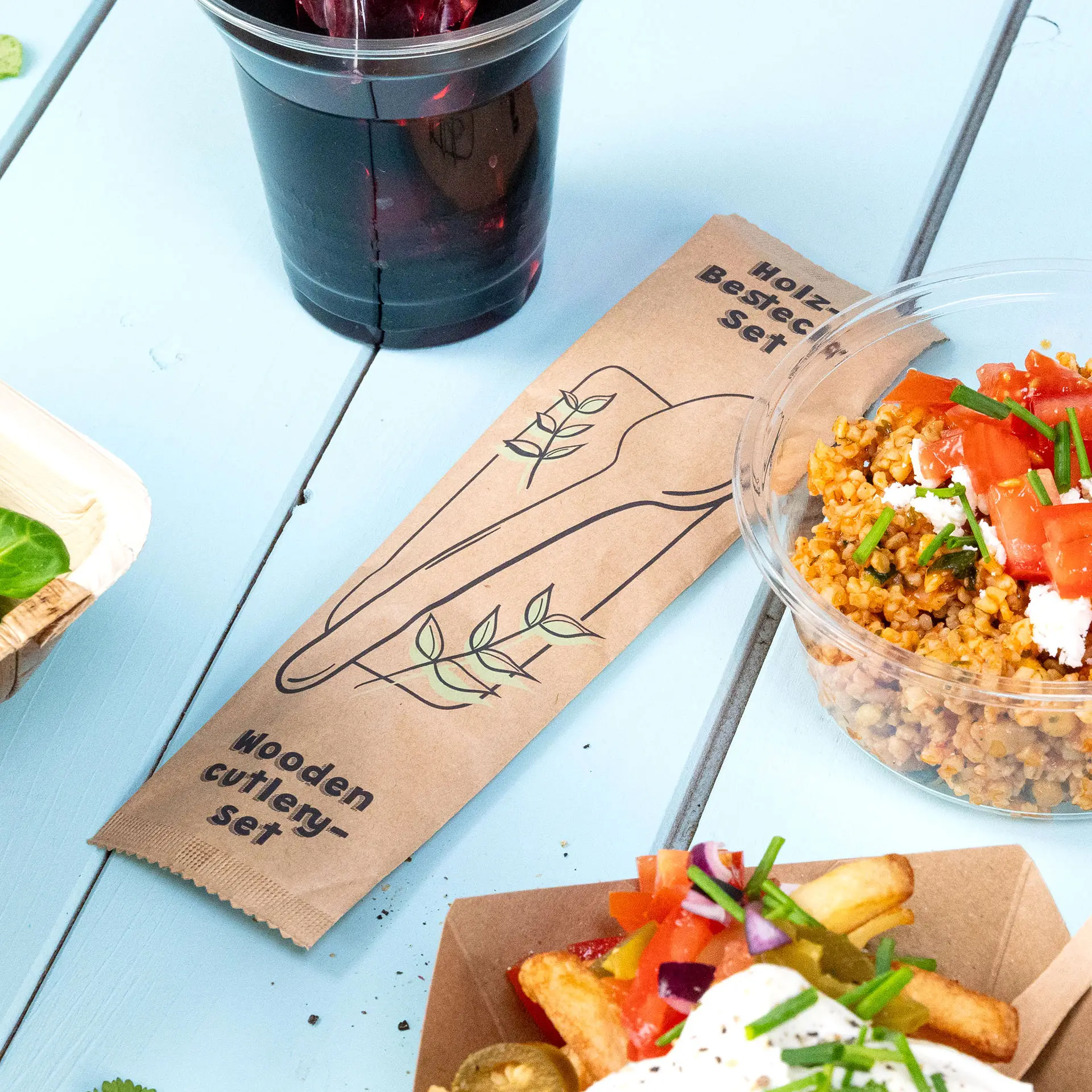 Bestecksets aus Holz Löffel & Serviette, 16 cm, biobeschichtet