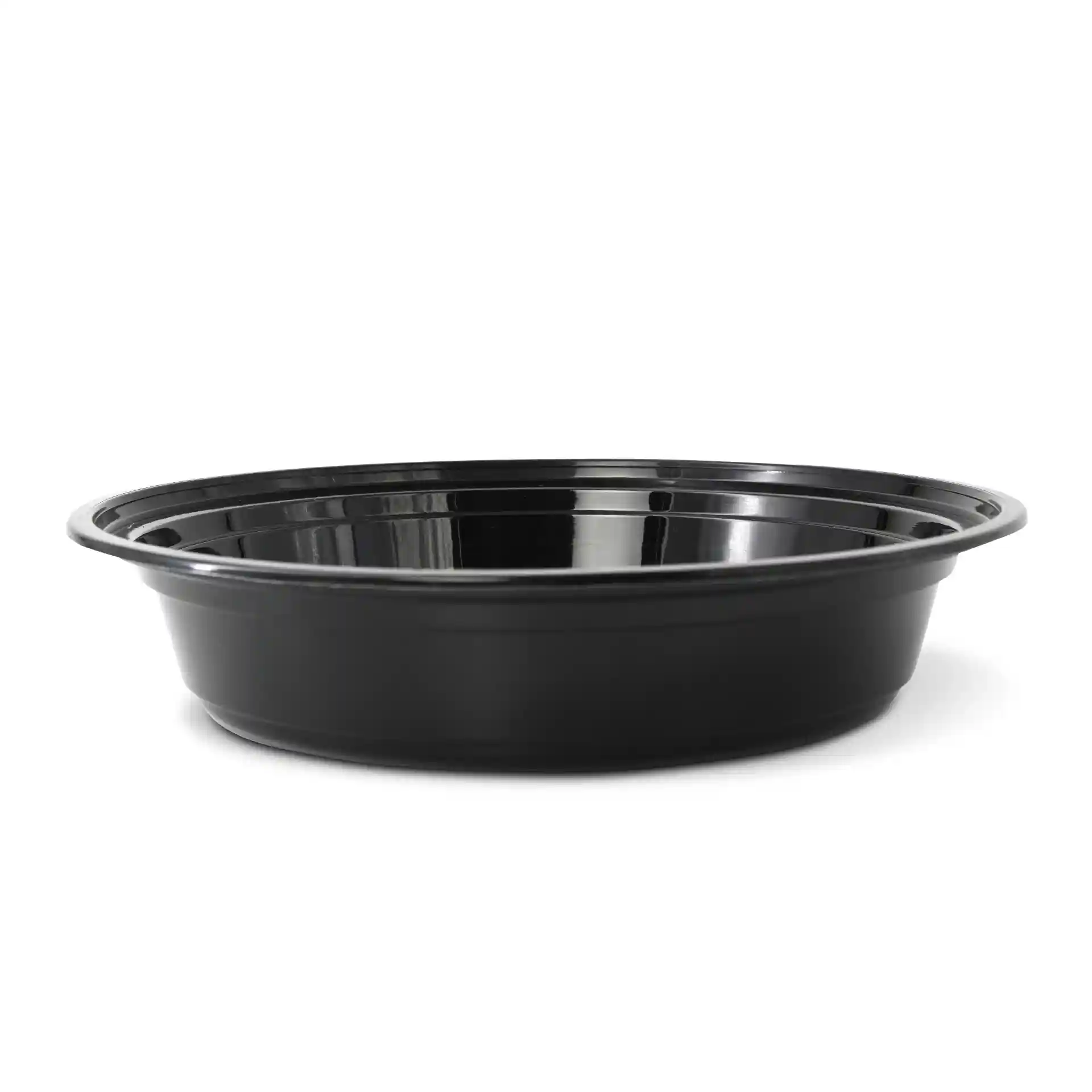 Schwarzer runder wiederverwendbarer Becher aus Polypropylen, 1000 ml Fassungsvermögen, Durchmesser 212 mm, Höhe 44 mm.