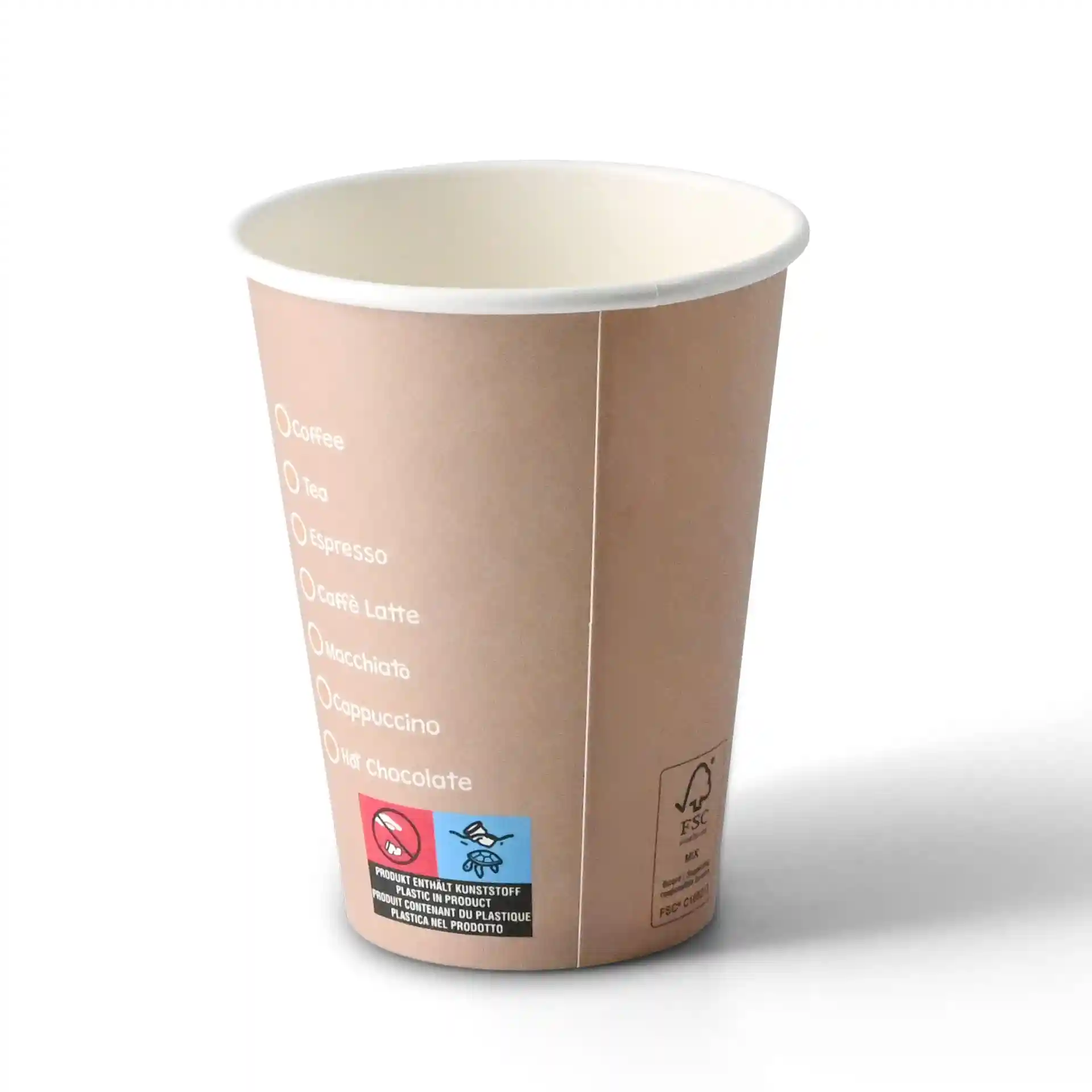 Bicchiere di carta rotondo da 12 oz con opzioni di bevande stampate, interno bianco ed esterno rivestito.