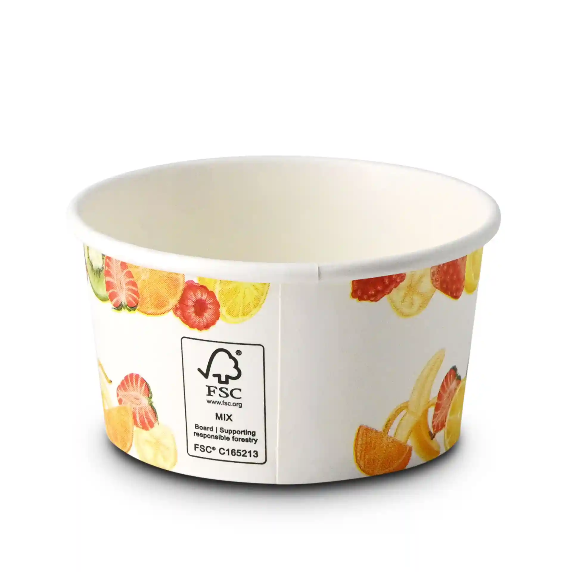 Papierbecher mit einem bedruckten Obstdesign, 6 oz Kapazität, 92 mm Durchmesser und 50 mm Höhe.