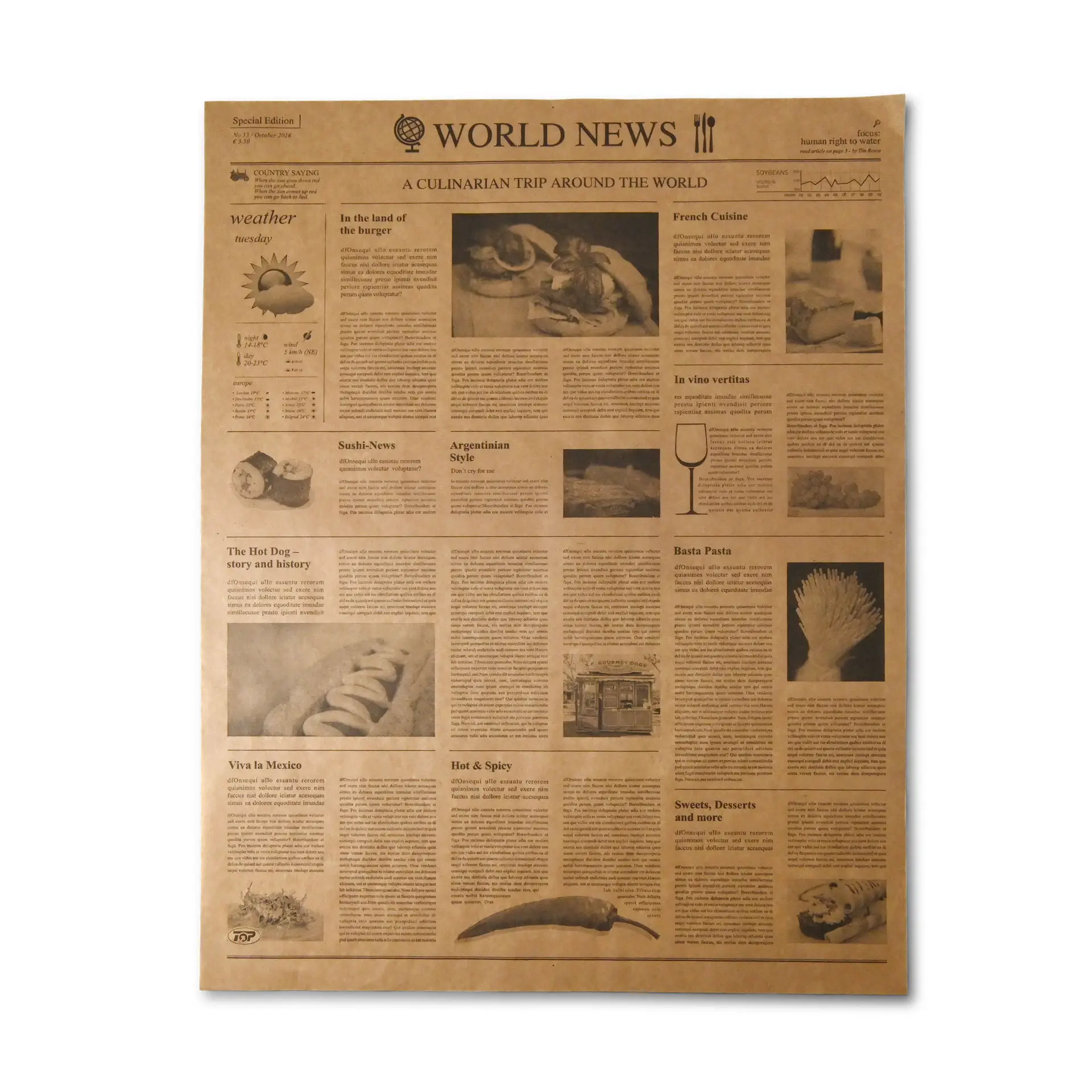Papier alimentaire ingraissable, impression journal, 50 x 37,5 cm