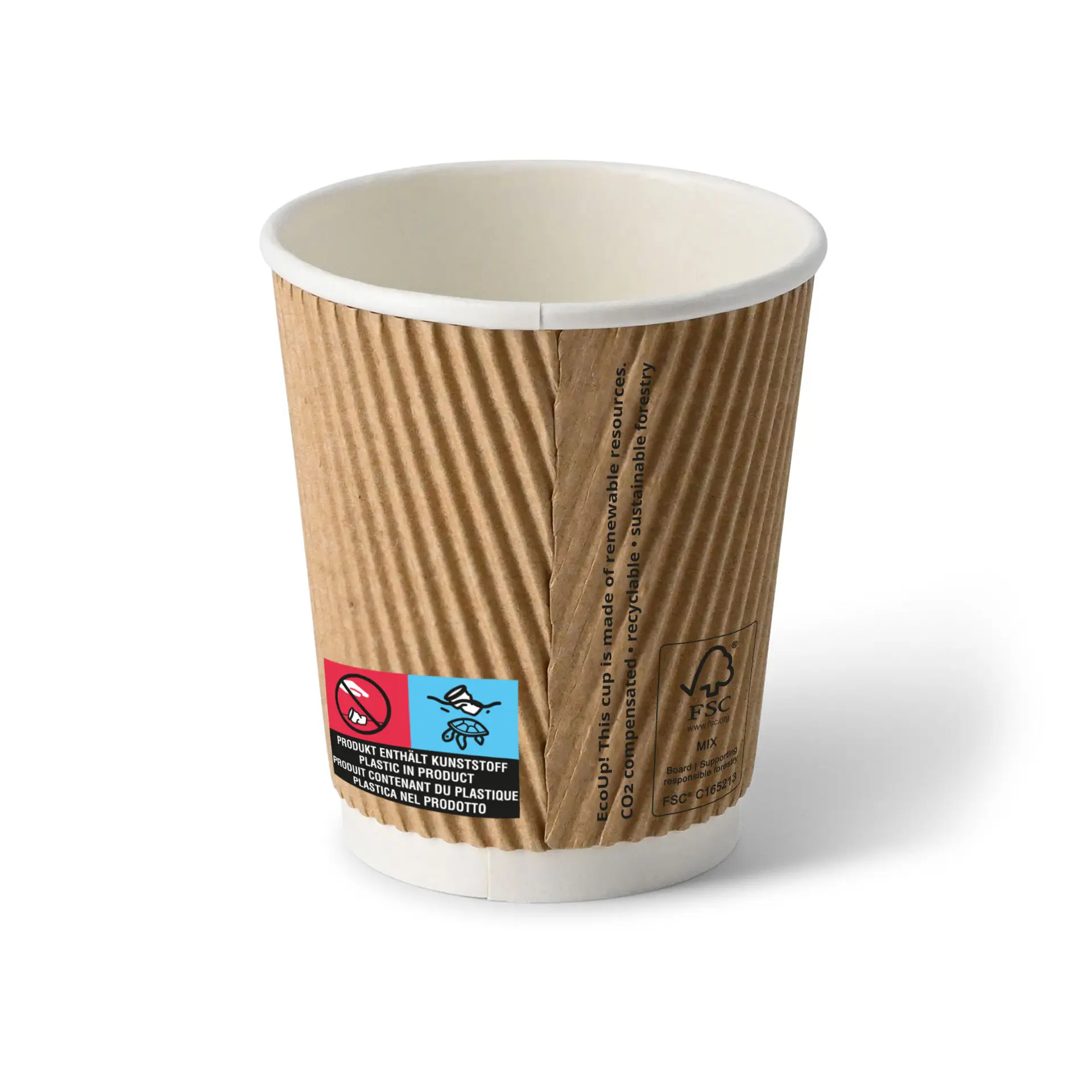 Gobelet en carton ondulé à emporter (revêtu de PE) 20 cl / 8 oz, Ø 80 mm, brun, intérieur blanc con10024-01-1-riffelbecher-beschichtet-coffee-to-go-becher-200-ml-8-oz-80-mm-braun-innen-weiss-2