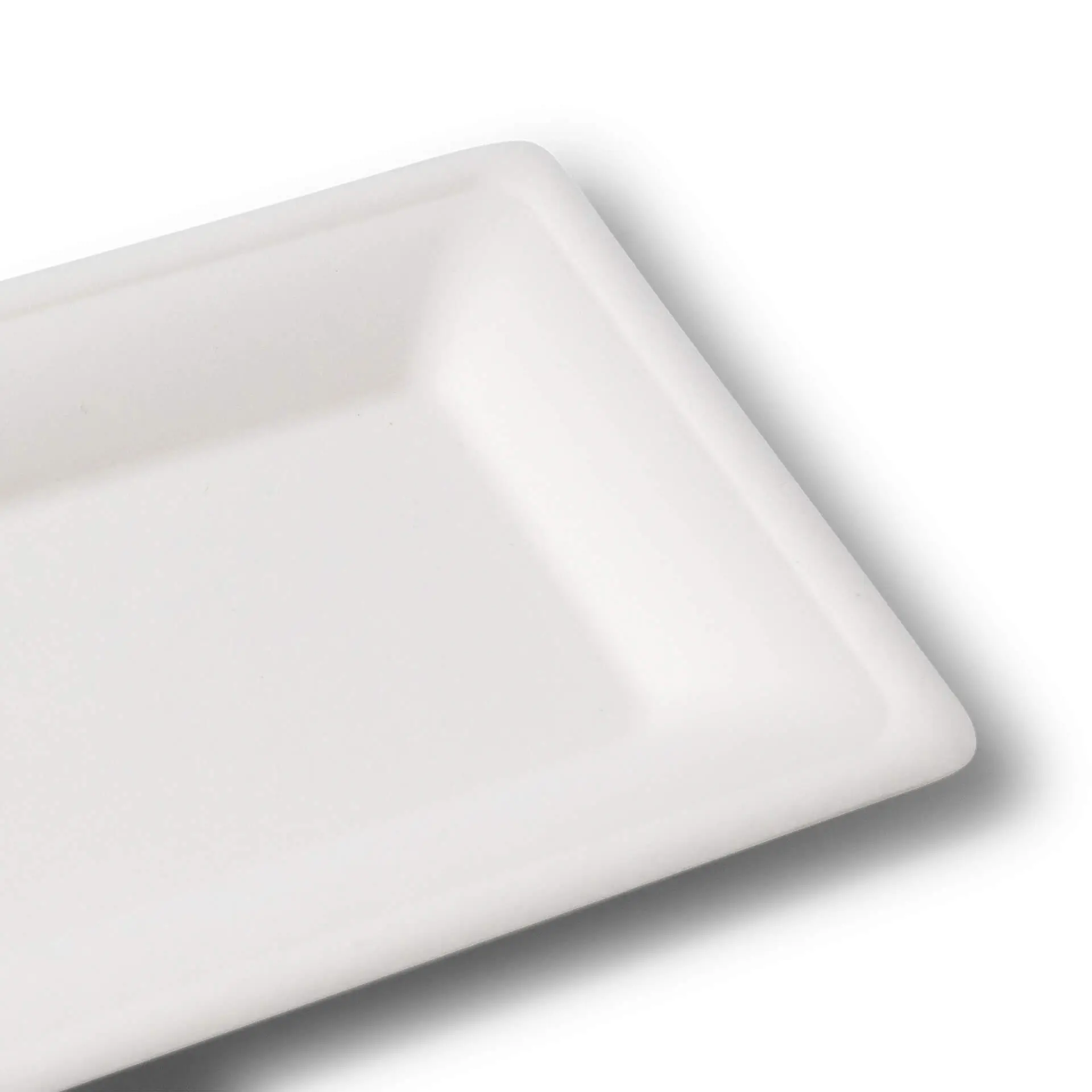 Piatto rettangolare in canna da zucchero bianco, misura 26 x 13 cm, con base piatta e bordi lisci.