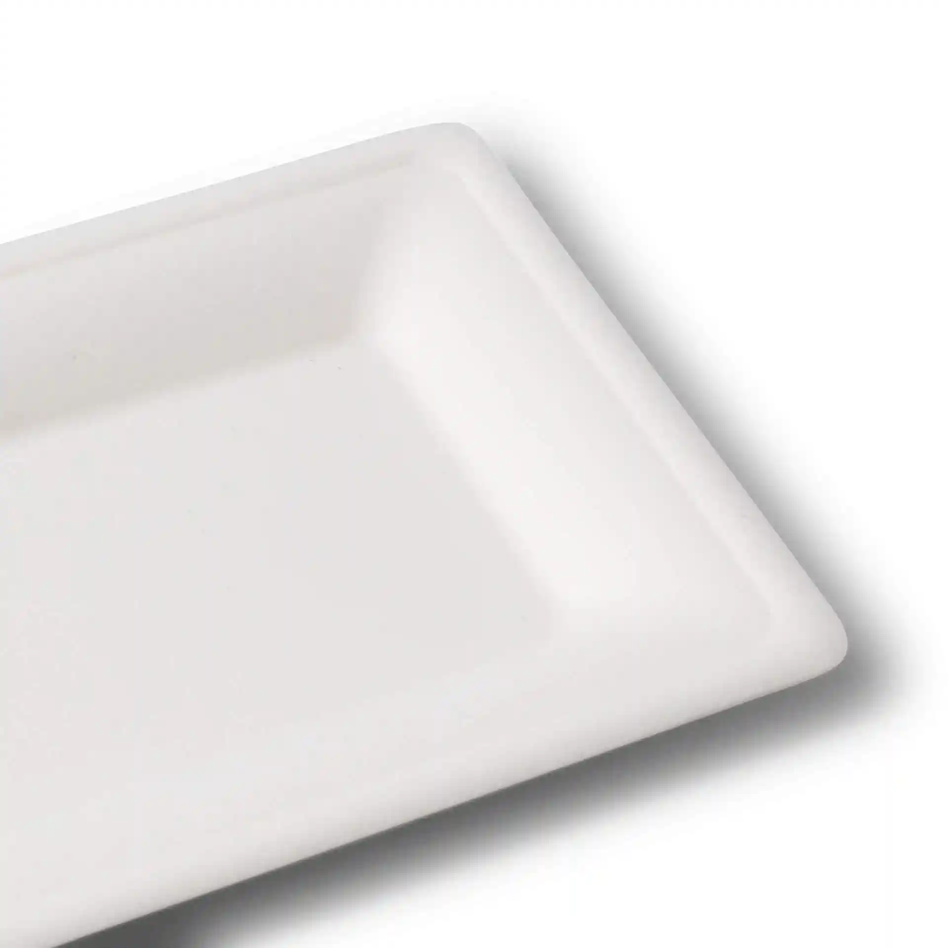 Piatto rettangolare bianco in canna da zucchero delle dimensioni 26 x 13 cm con un'altezza di 15 mm.