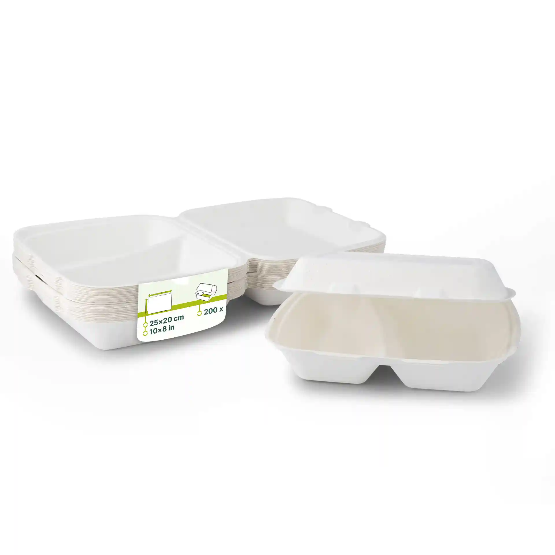 Menüboxen aus Zuckerrohr 25 x 20 x 7,5 cm, 2 Kammern, HP4/2, rechteckig
