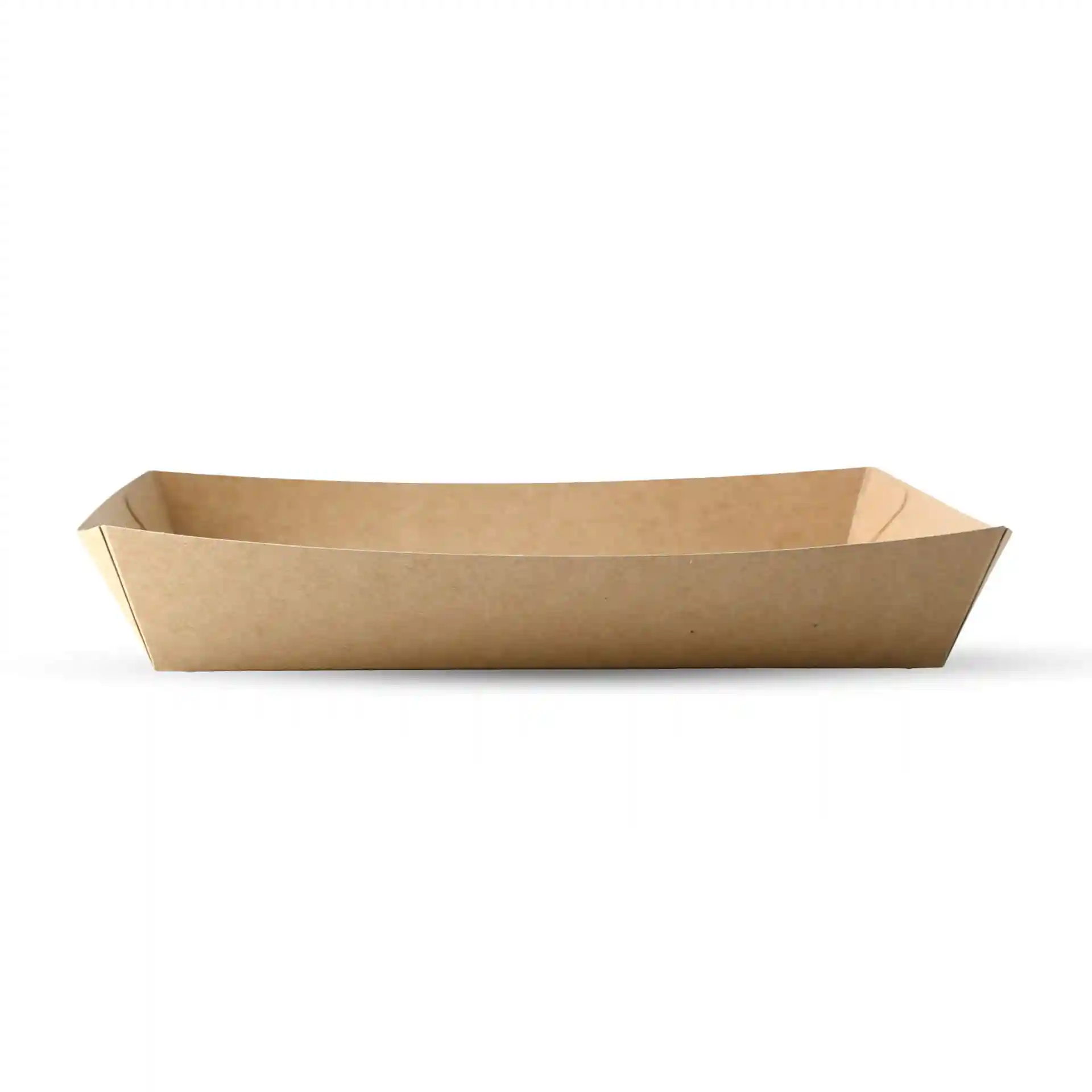 Vassoio rettangolare in cartone marrone, misura 27 x 20 x 3,5 cm, con superficie liscia e bordi piegati.