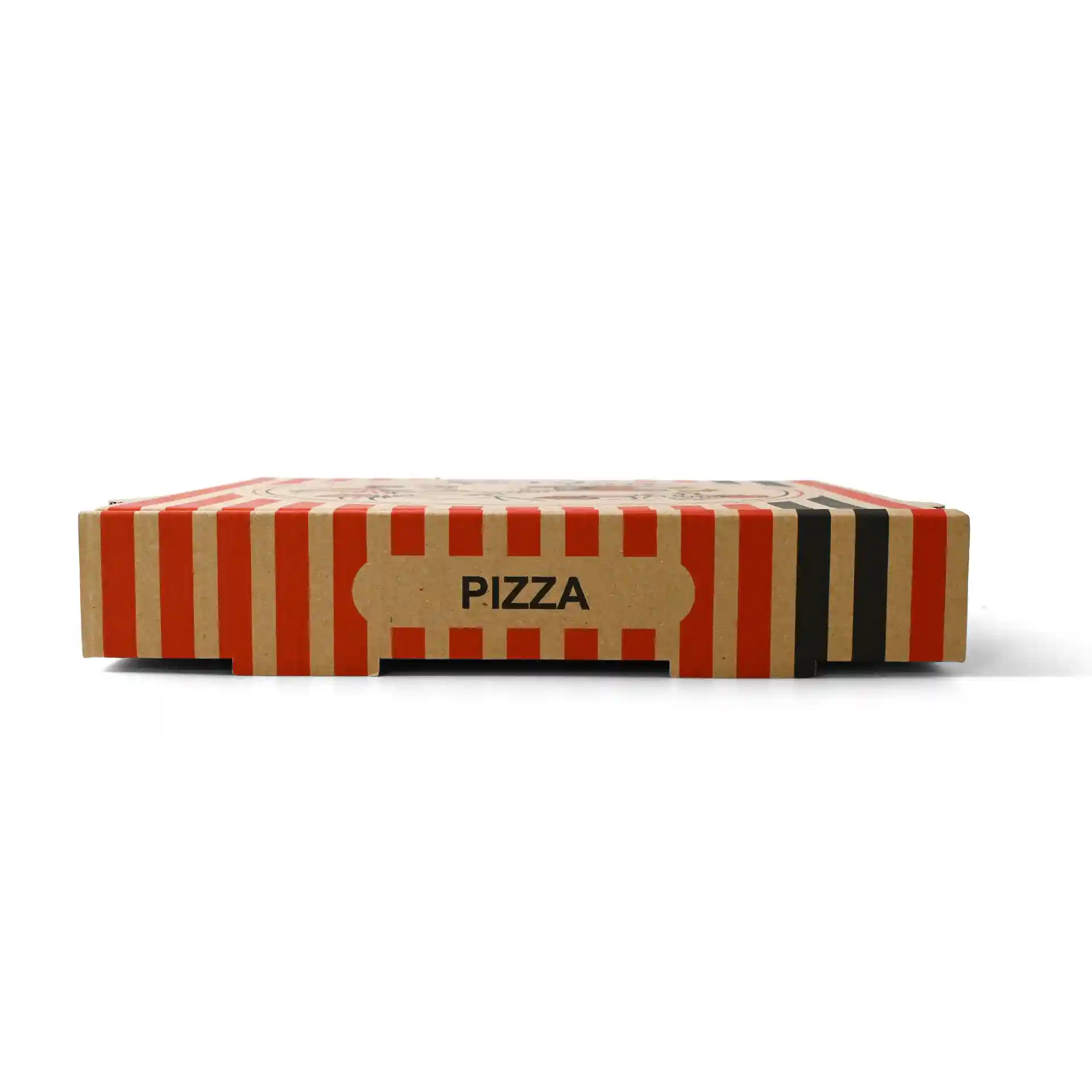 Boîte à pizza en carton avec un fond marron et un design à rayures rouges, étiquetée "PIZZA", mesurant 28 x 28 x 4 cm.