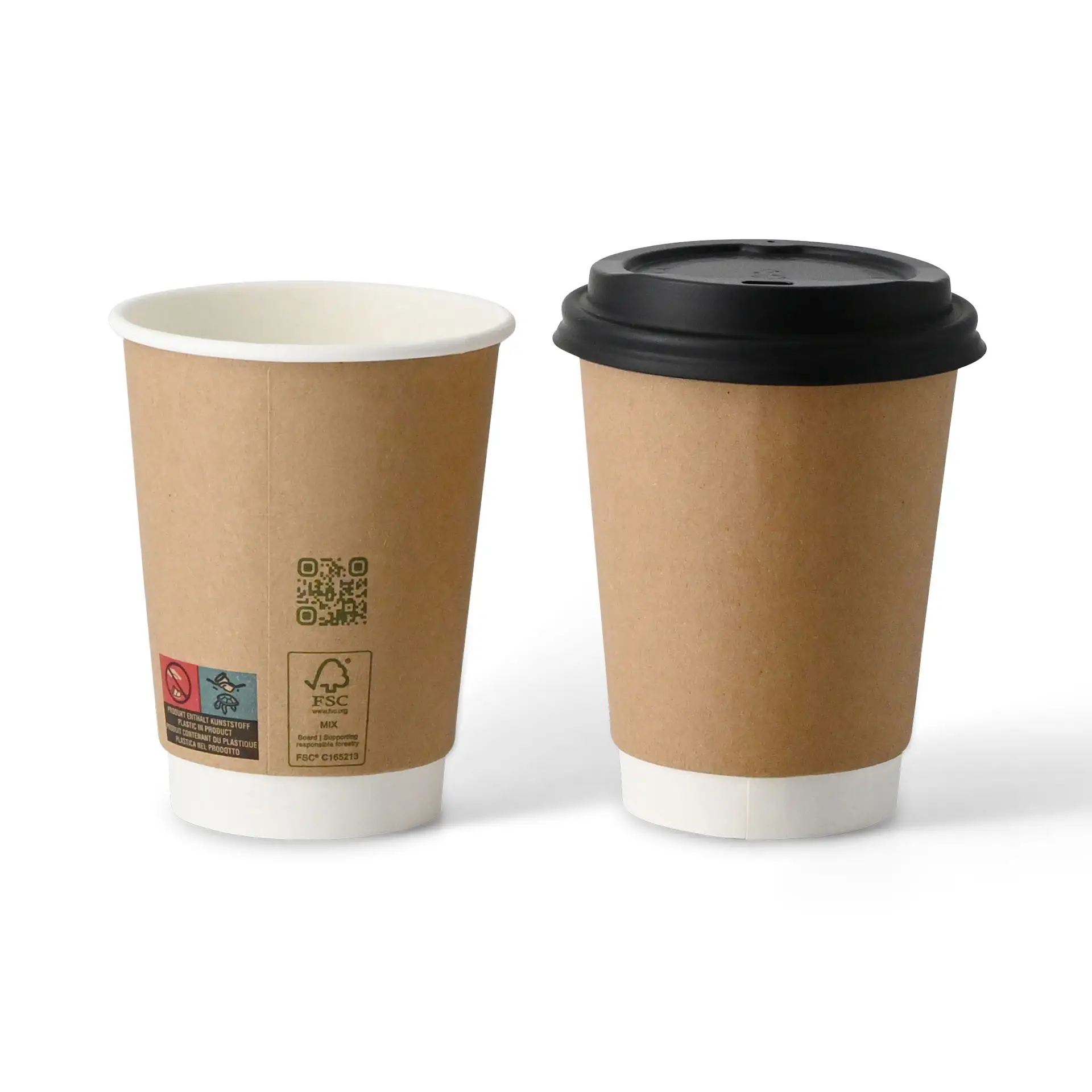 Kaffee to go Becher, 300 ml / 12 oz, Ø 90 mm, doppelwandig, braun / innen weiss, PLA-beschichtet
