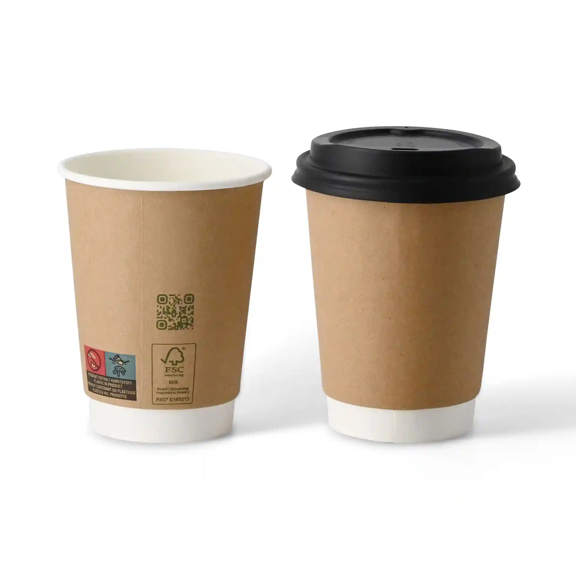 Gobelet café à emporter 300 ml / 12 oz, Ø 90 mm, double paroi, brun / intérieur blanc, revêtement PLA