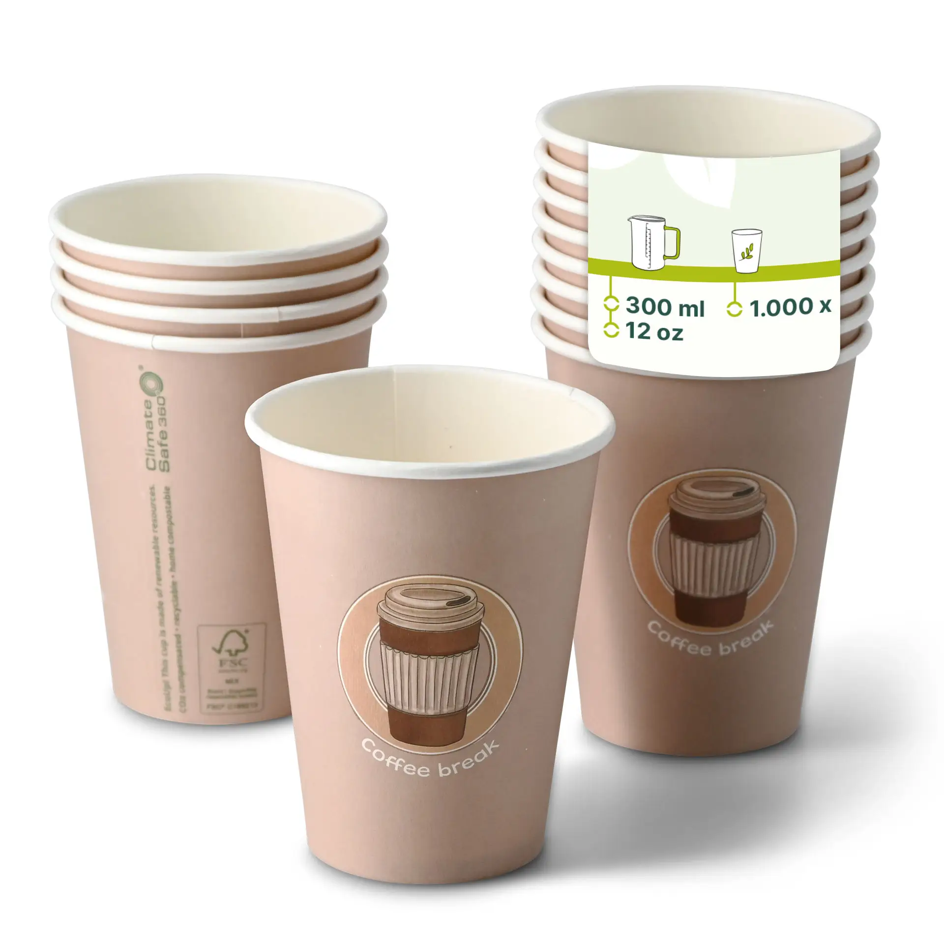 Gobelet en carton imprimé "Coffeebreak" 30 cl / 12 oz, Ø 80 mm, blanc