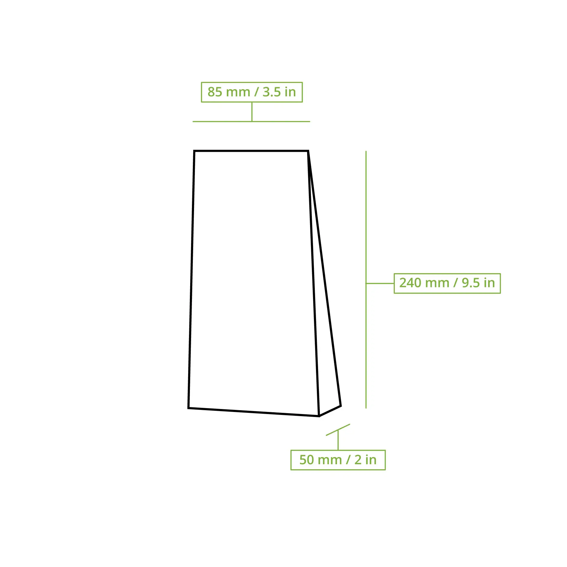Schematische Zeichnung einer Blockboden-Tüte mit beschrifteten Abmessungen: 85 mm Breite, 240 mm Höhe und 50 mm Tiefe.