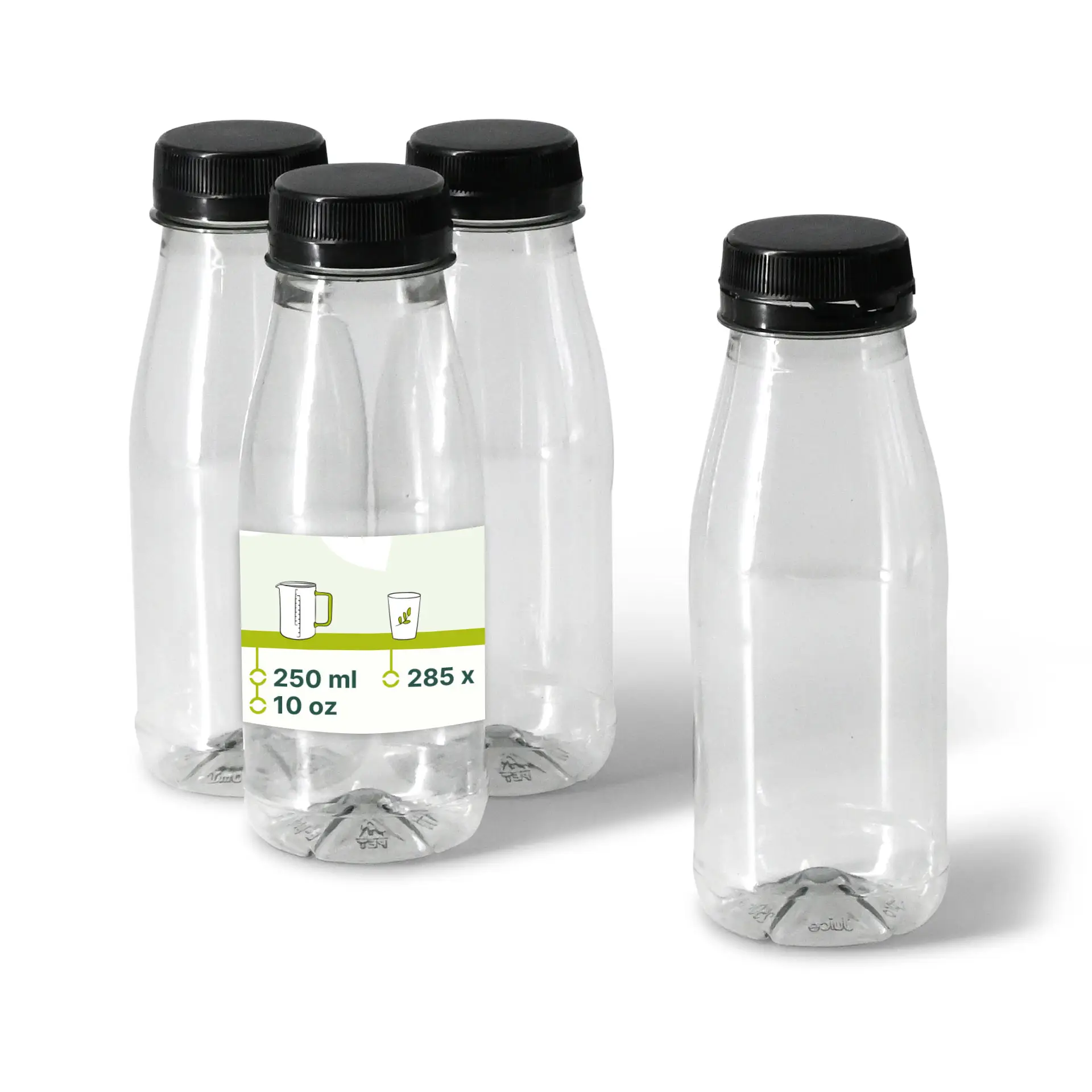 rPET-Flaschen 250 ml, klar, Deckel schwarz rPET-Flaschen 250 ml, klar, Deckel schwarz